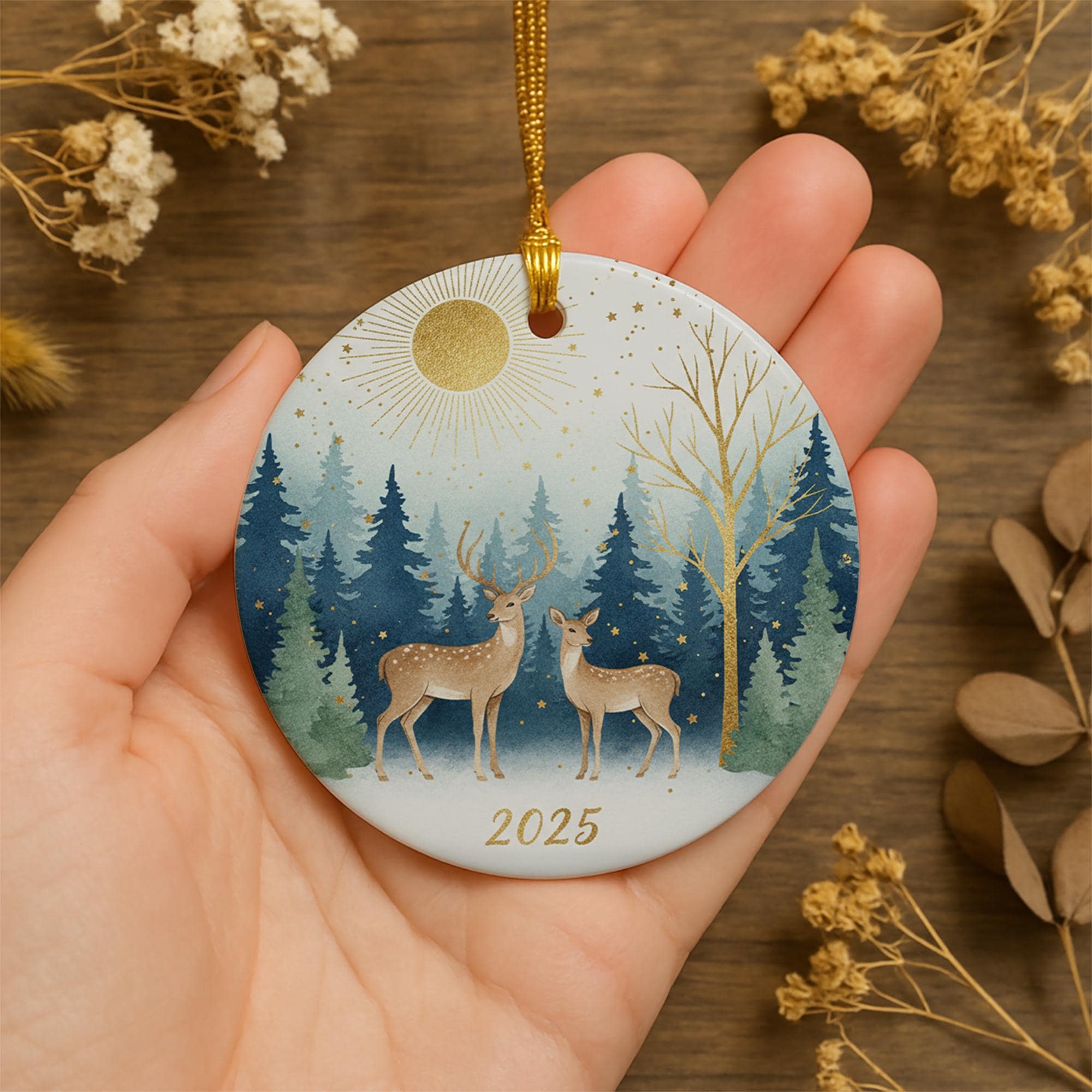 Deer Ceramic Christmas Ornament: Rustic Winter Nature Tree Decoration