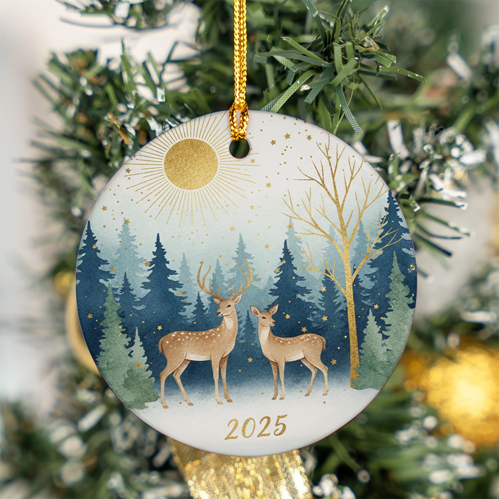 Deer Ceramic Christmas Ornament: Rustic Winter Nature Tree Decoration