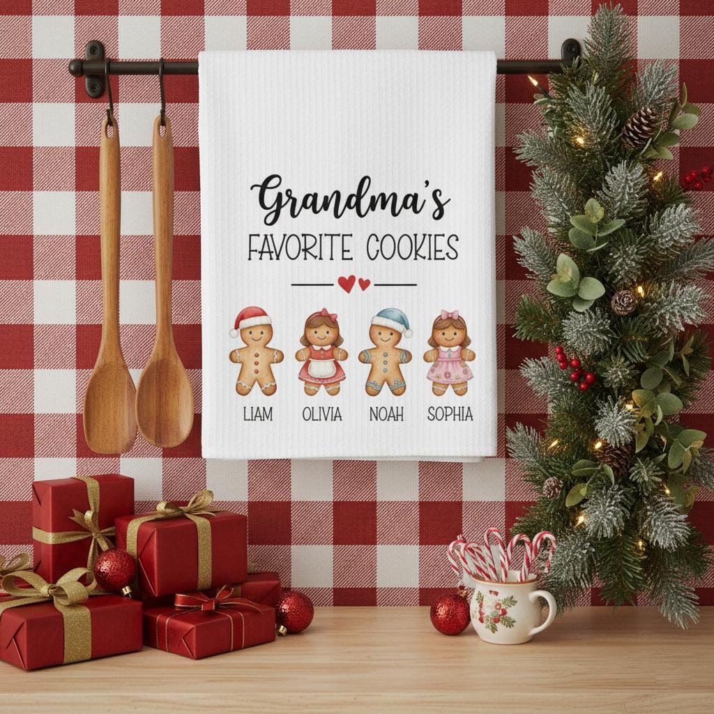 Custom Kitchen Towel | Gingerbread Cookie Family Holiday Decor