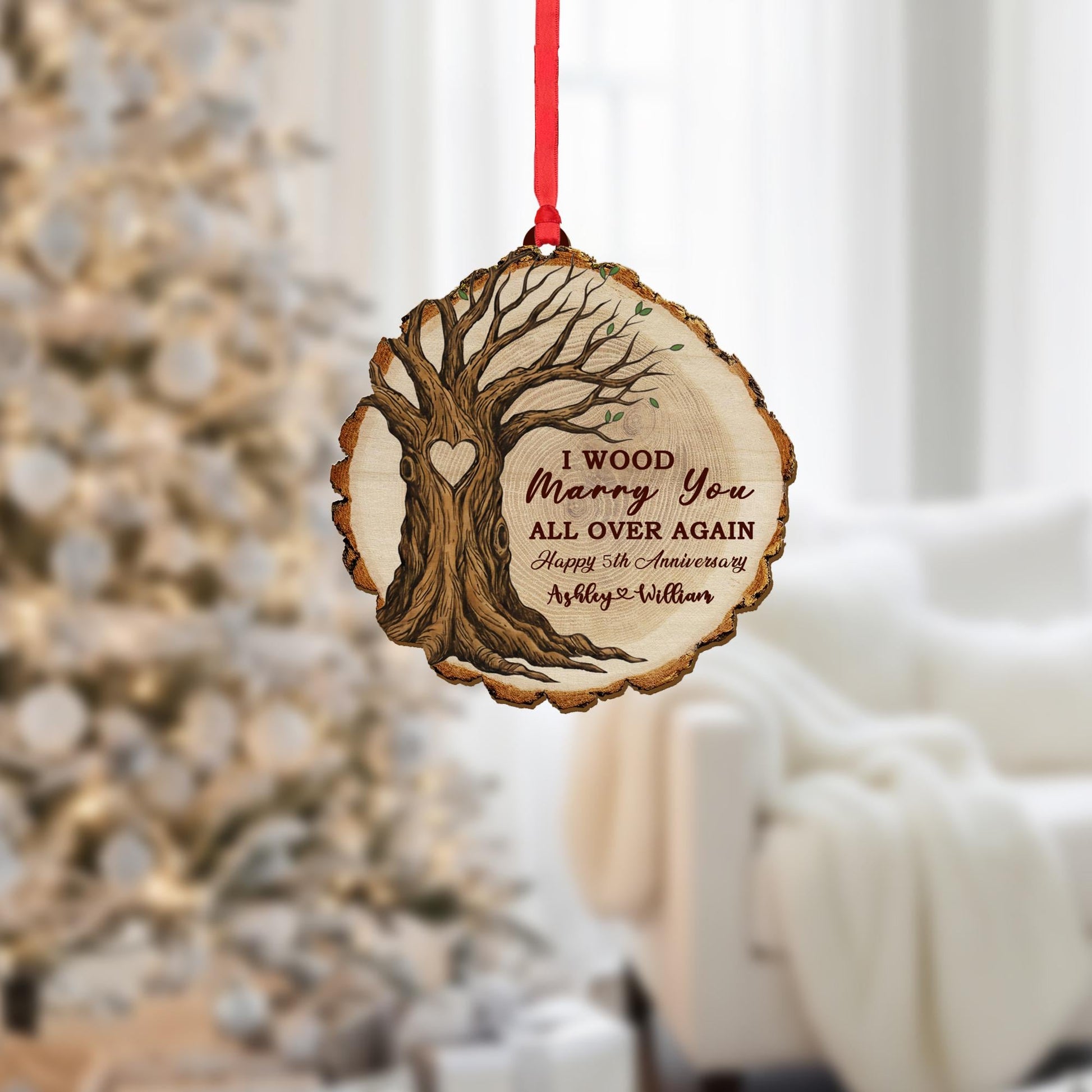Wood Anniversary Ornament – Personalized Tree Slice Gift for Couple 5th Year