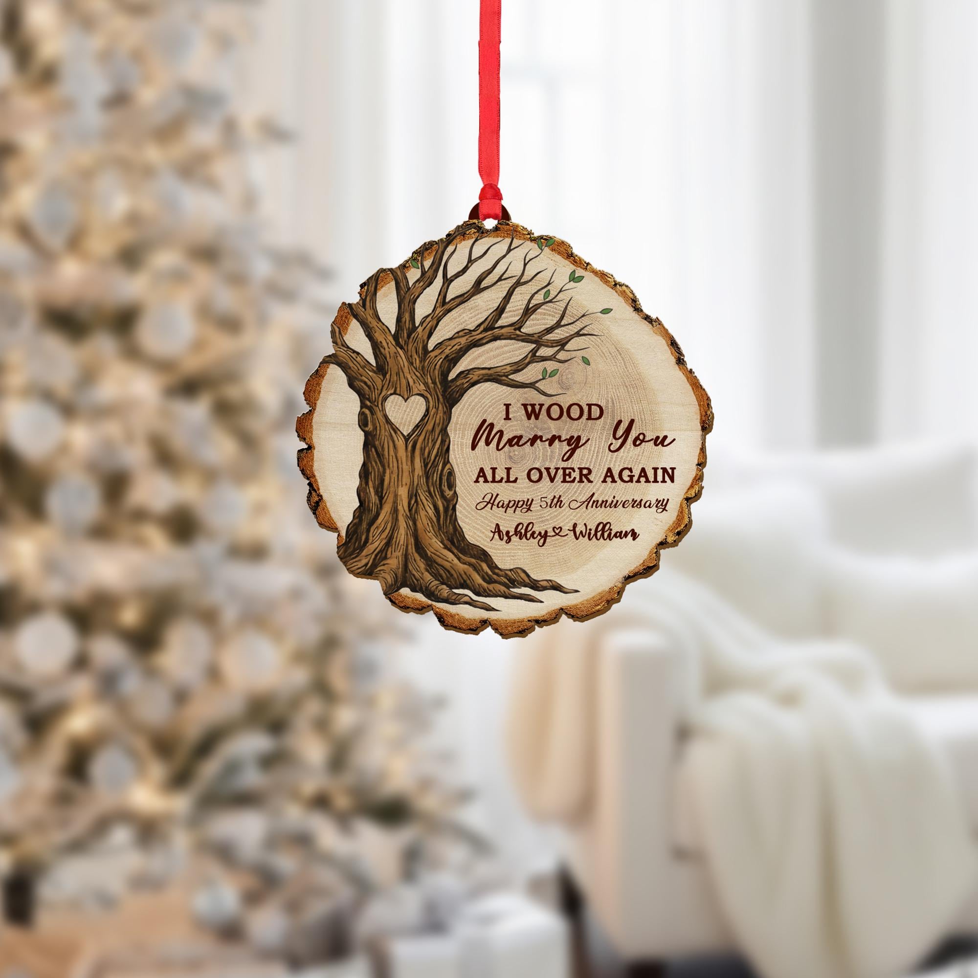 Wood Anniversary Ornament – Personalized Tree Slice Gift for Couple 5th Year