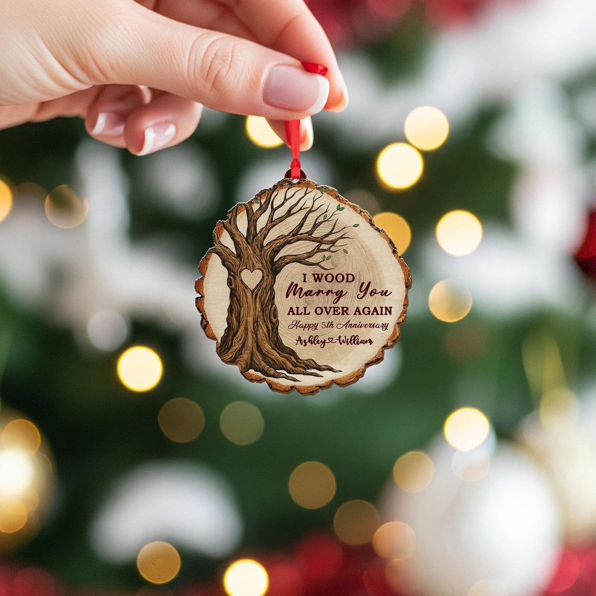 Wood Anniversary Ornament – Personalized Tree Slice Gift for Couple 5th Year