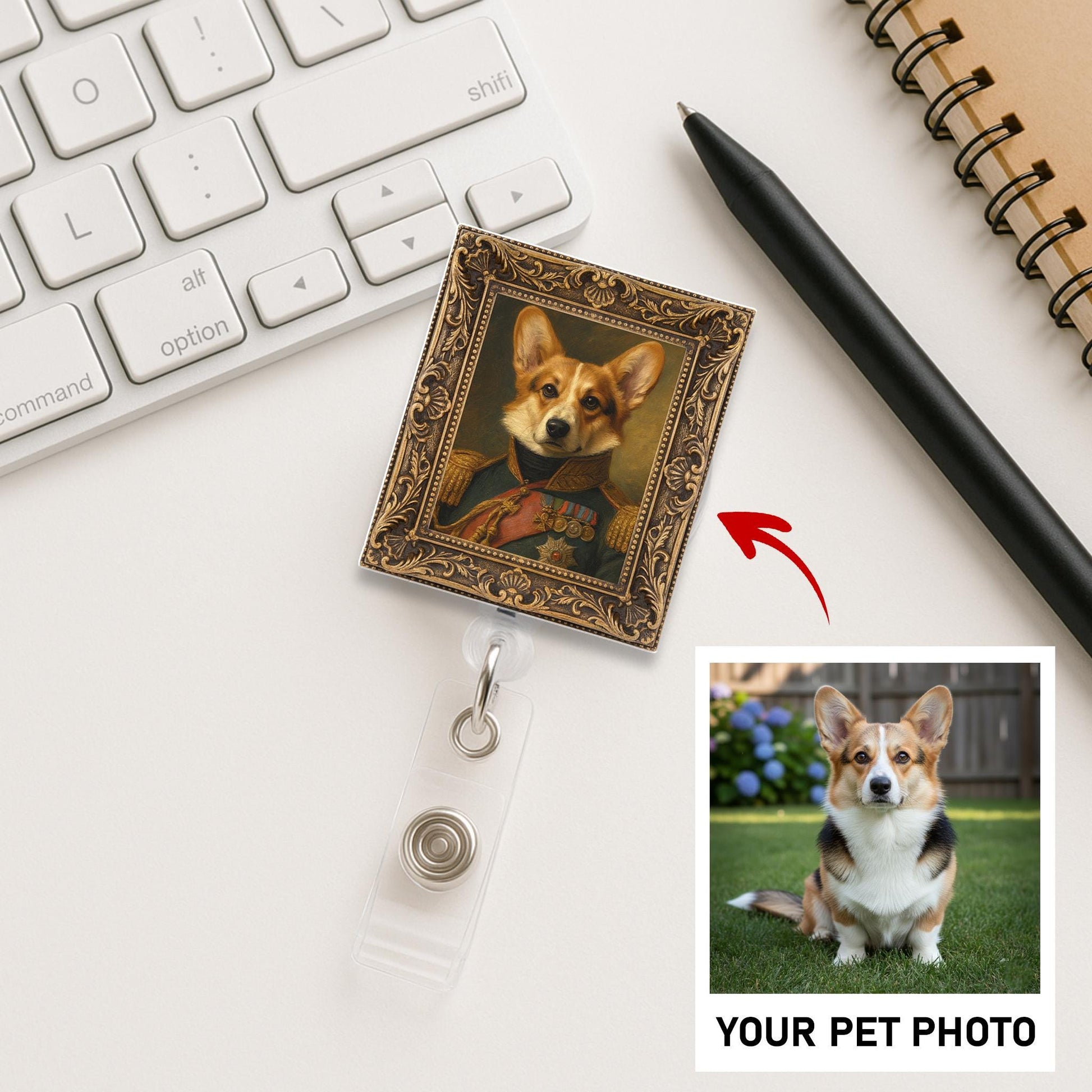 Custom Pet Portrait Badge Reel – Retractable ID Holder with Vintage Frame Design