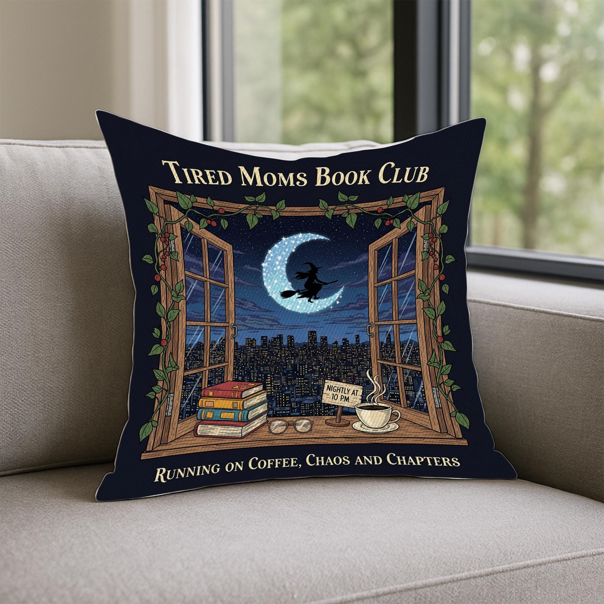 Funny Tired Moms Book Club Pillow: Coffee Chaos Chapters Cushion