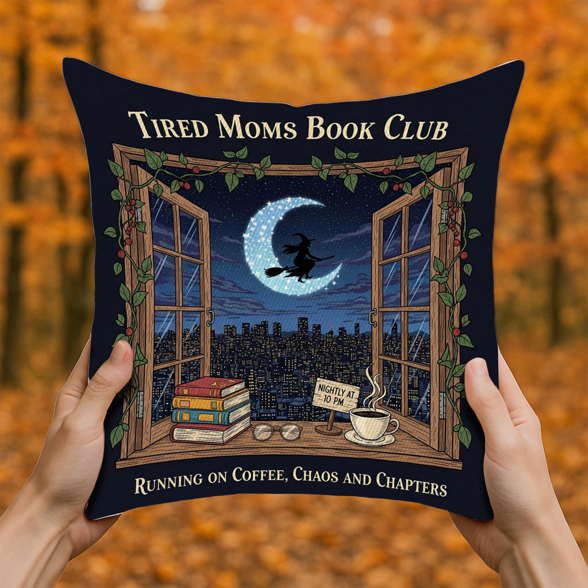 Funny Tired Moms Book Club Pillow: Coffee Chaos Chapters Cushion
