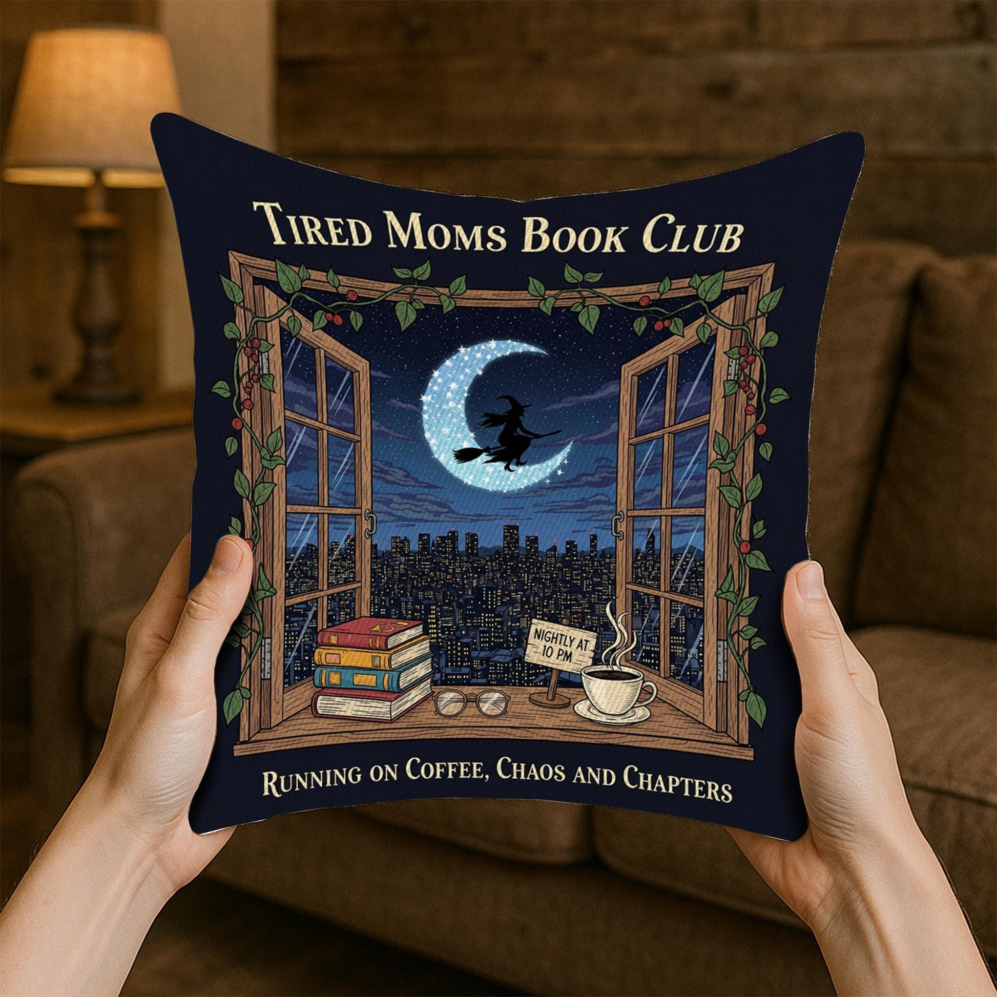 Funny Tired Moms Book Club Pillow: Coffee Chaos Chapters Cushion