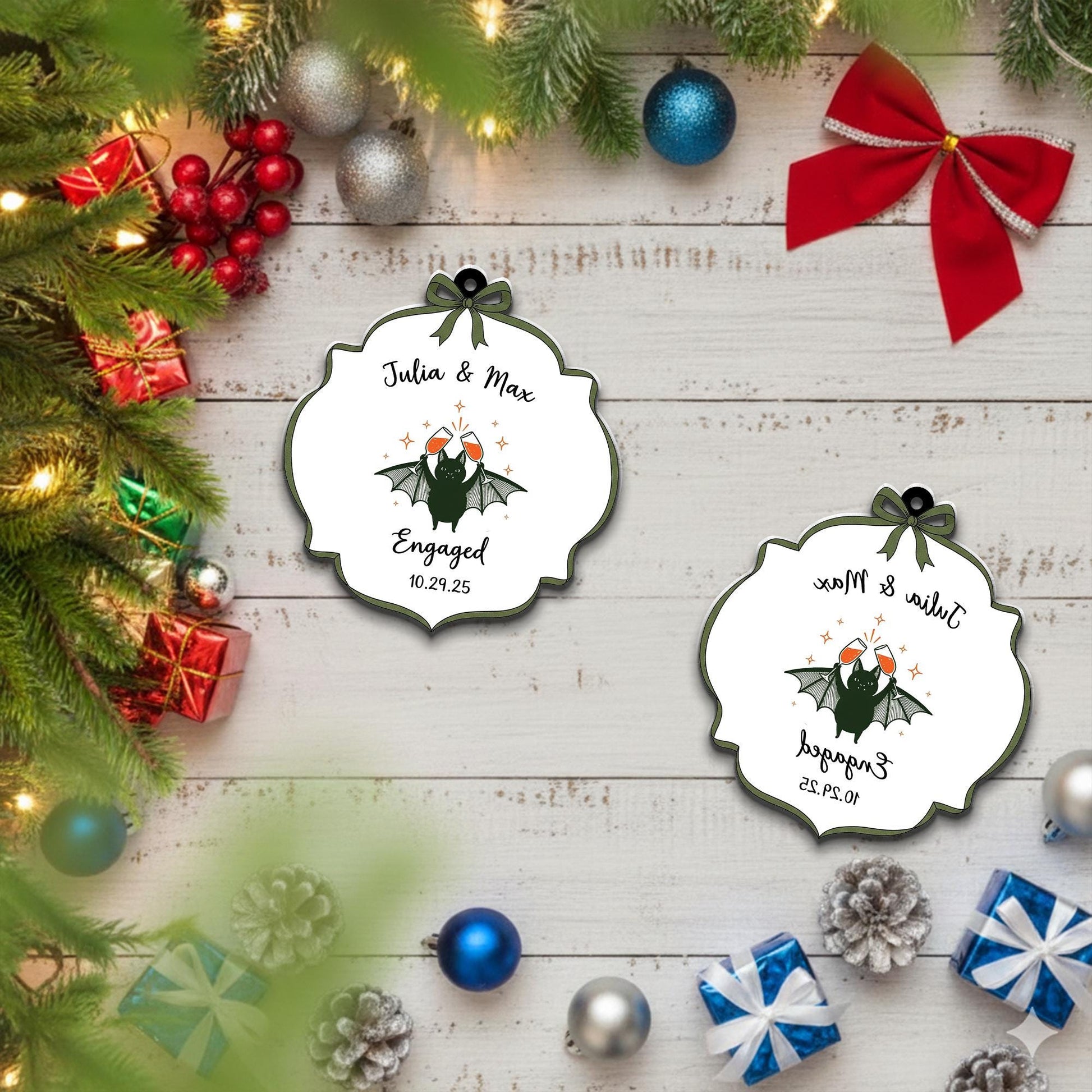 Custom Engagement Ornament | Personalized Bat Christmas Ornament | Gothic Wedding Gift | Engaged Couple Holiday Keepsake