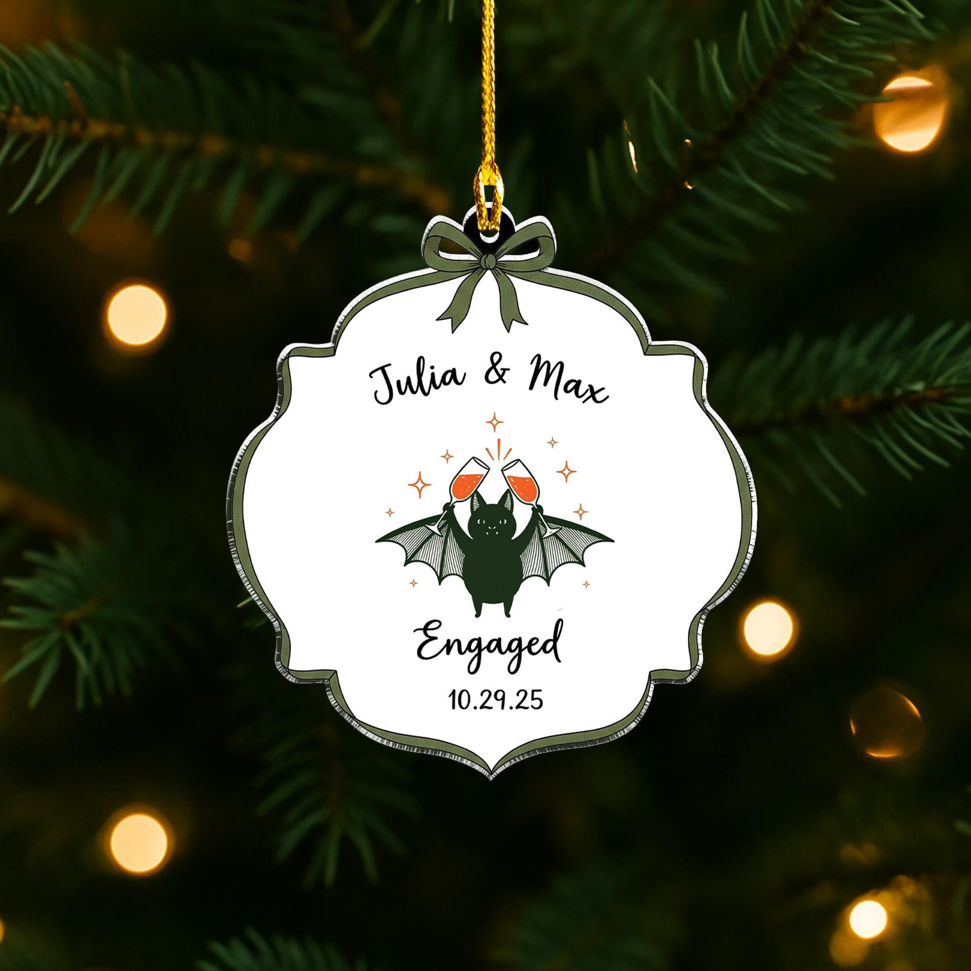 Custom Engagement Ornament | Personalized Bat Christmas Ornament | Gothic Wedding Gift | Engaged Couple Holiday Keepsake