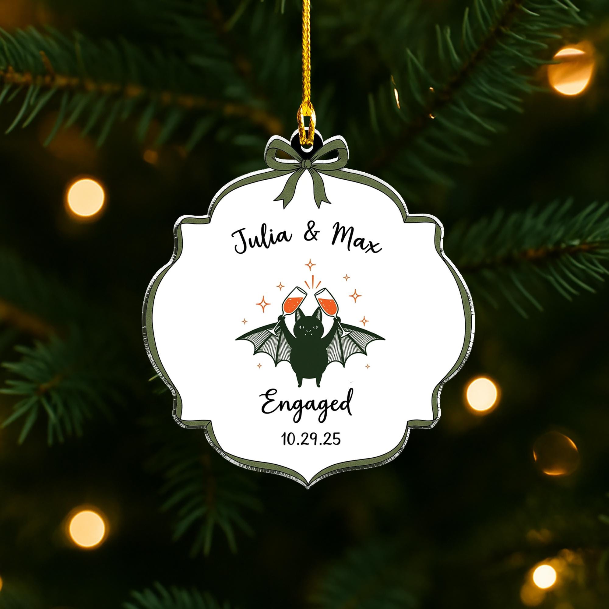 Custom Engagement Ornament | Personalized Bat Christmas Ornament | Gothic Wedding Gift | Engaged Couple Holiday Keepsake