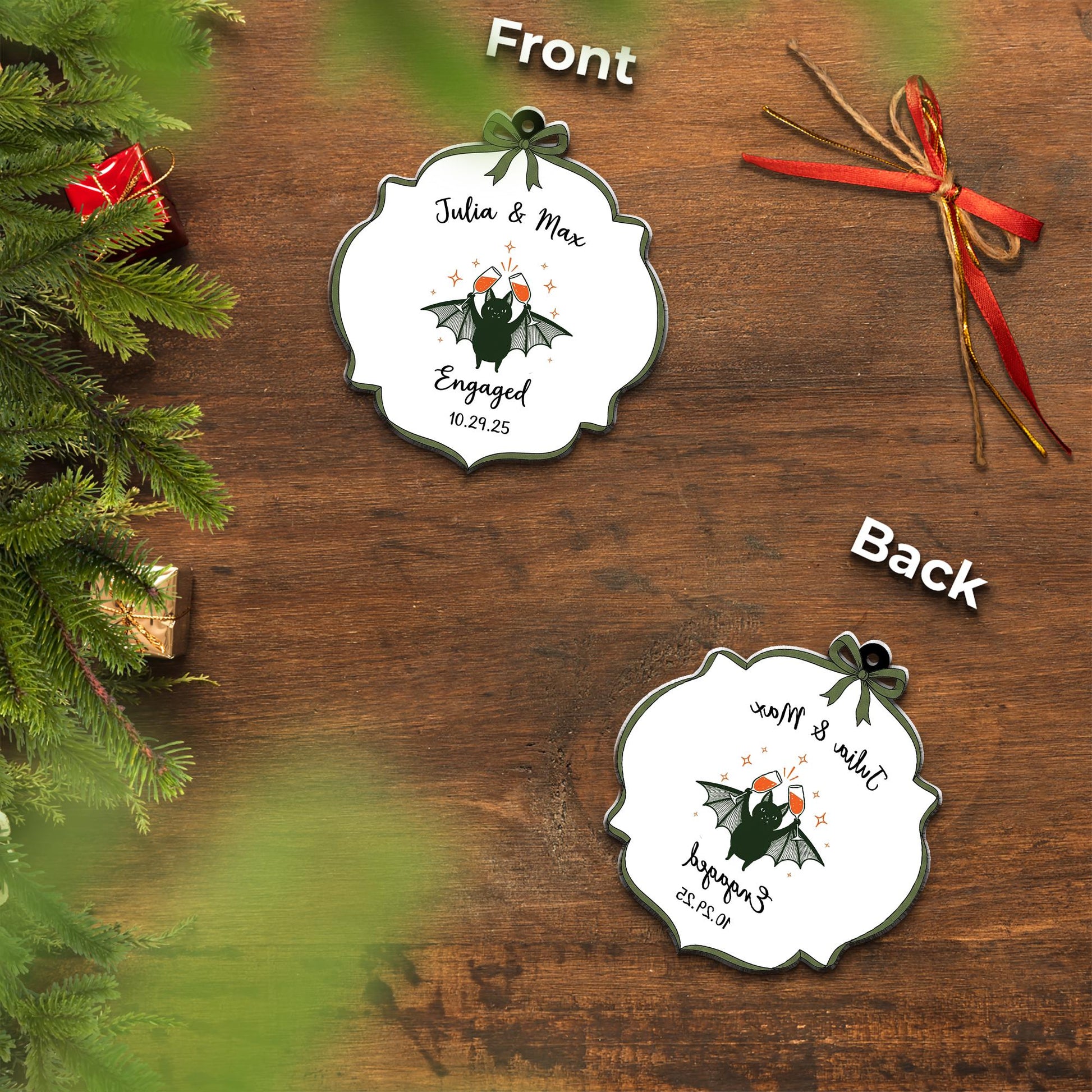 Custom Engagement Ornament | Personalized Bat Christmas Ornament | Gothic Wedding Gift | Engaged Couple Holiday Keepsake