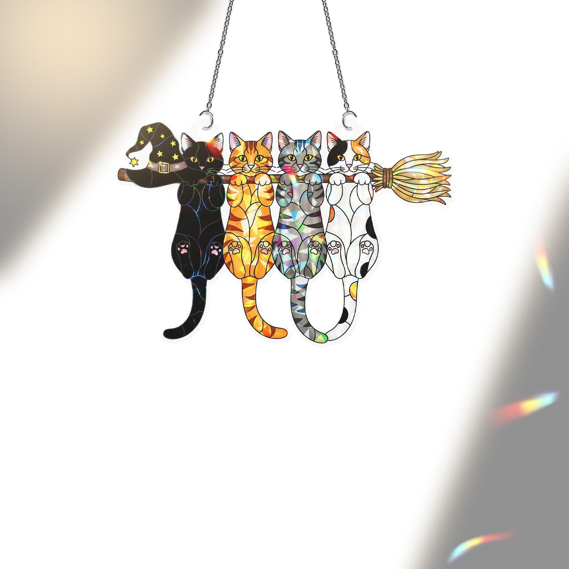 Cat Suncatcher – Holographic Acrylic Witch Hat Broom Window Hanging Decor
