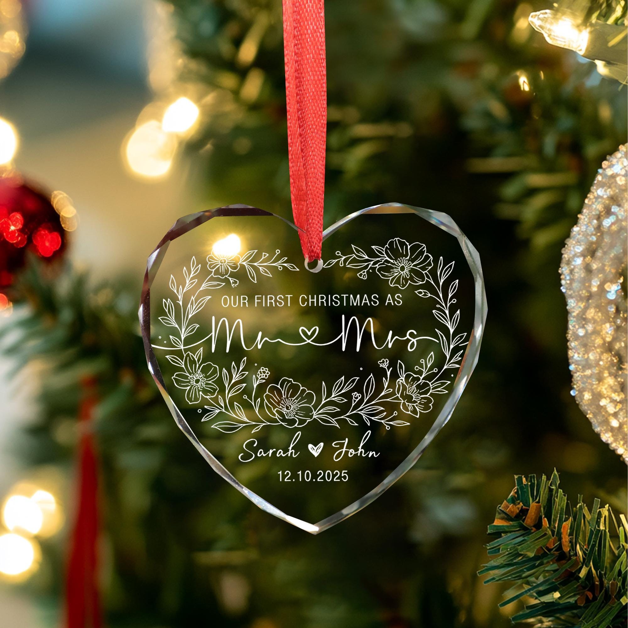 Glass Ornament – Custom Heart First Christmas Married Newlywed Wedding Gift