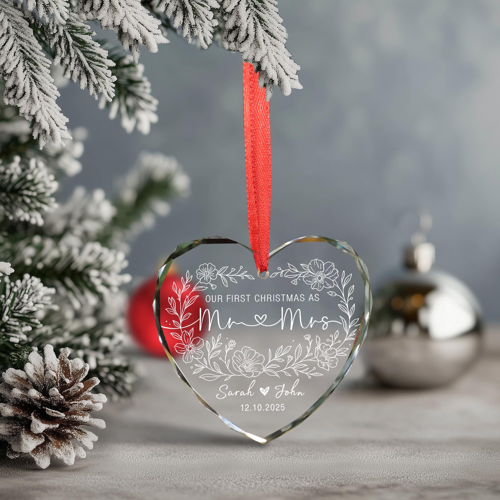 Glass Ornament – Custom Heart First Christmas Married Newlywed Wedding Gift