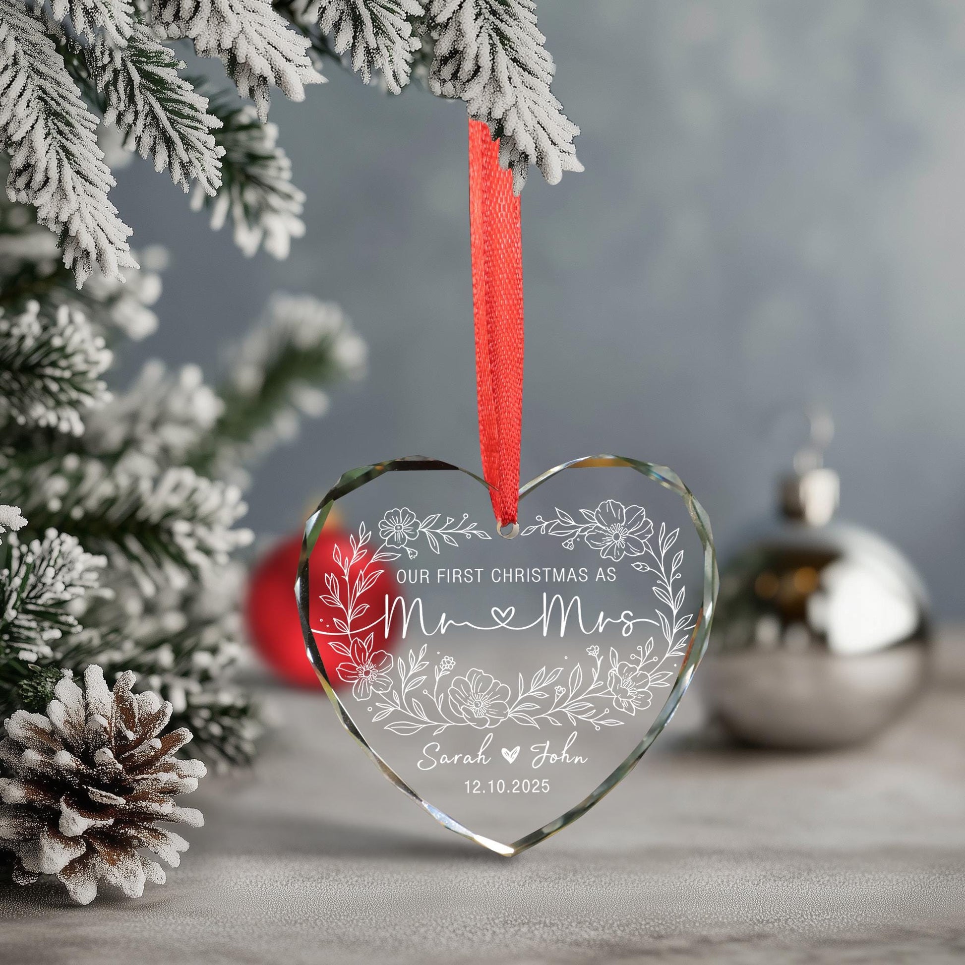 Custom Heart Glass Ornament: First Christmas, Newlywed Gift