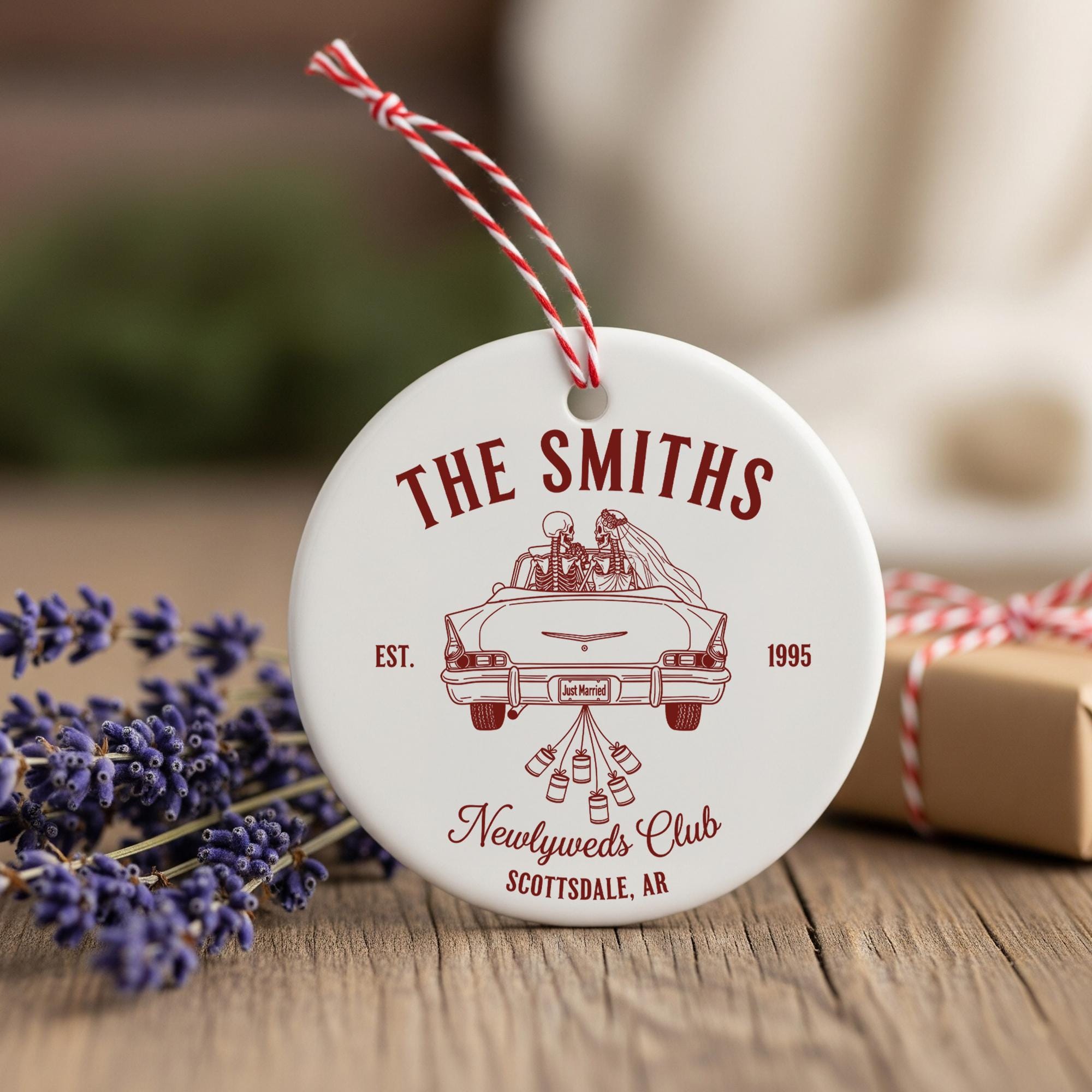 Custom Wedding Ornament Newlyweds Club | Personalized Ceramic Keepsake Gift | Just Married Skeleton Car Ornament