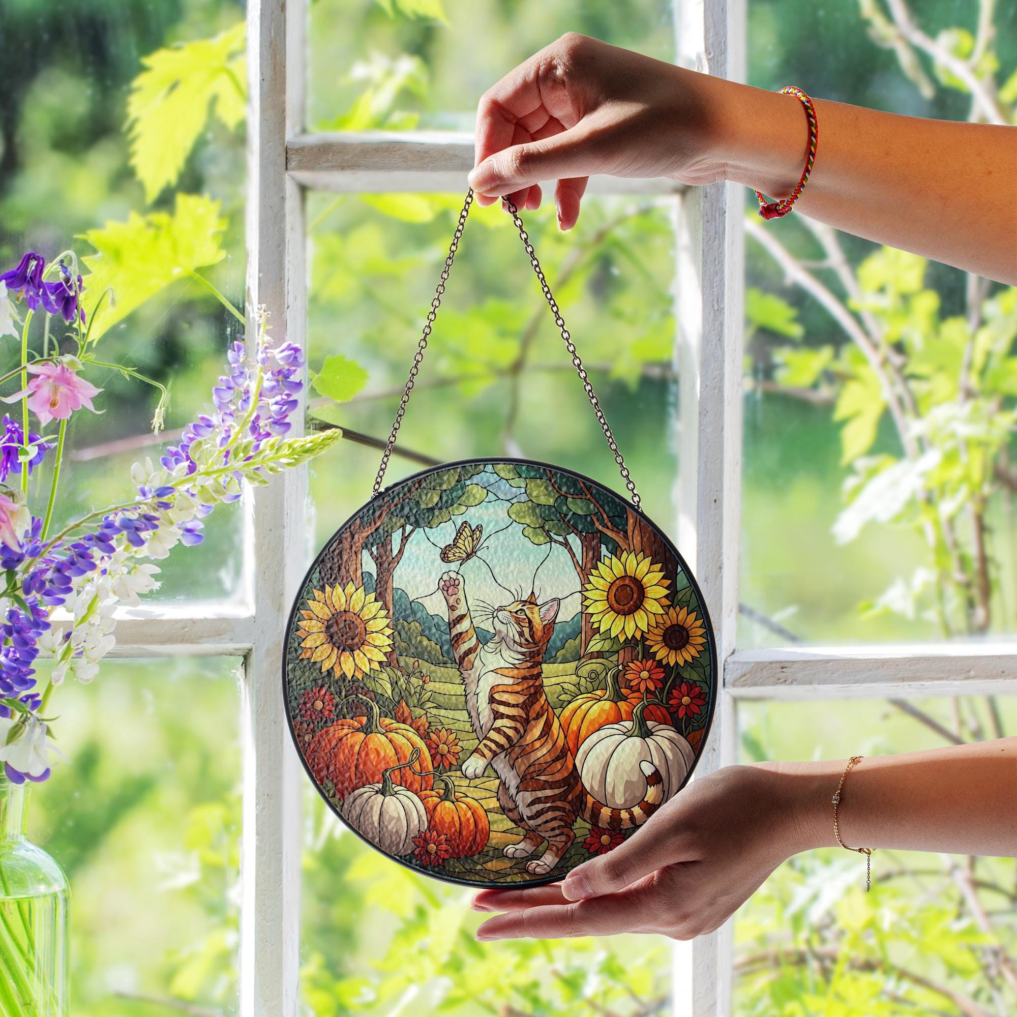 Tabby Cat Glass Suncatcher – Custom Fall Pumpkin Sunflower Glass Decor