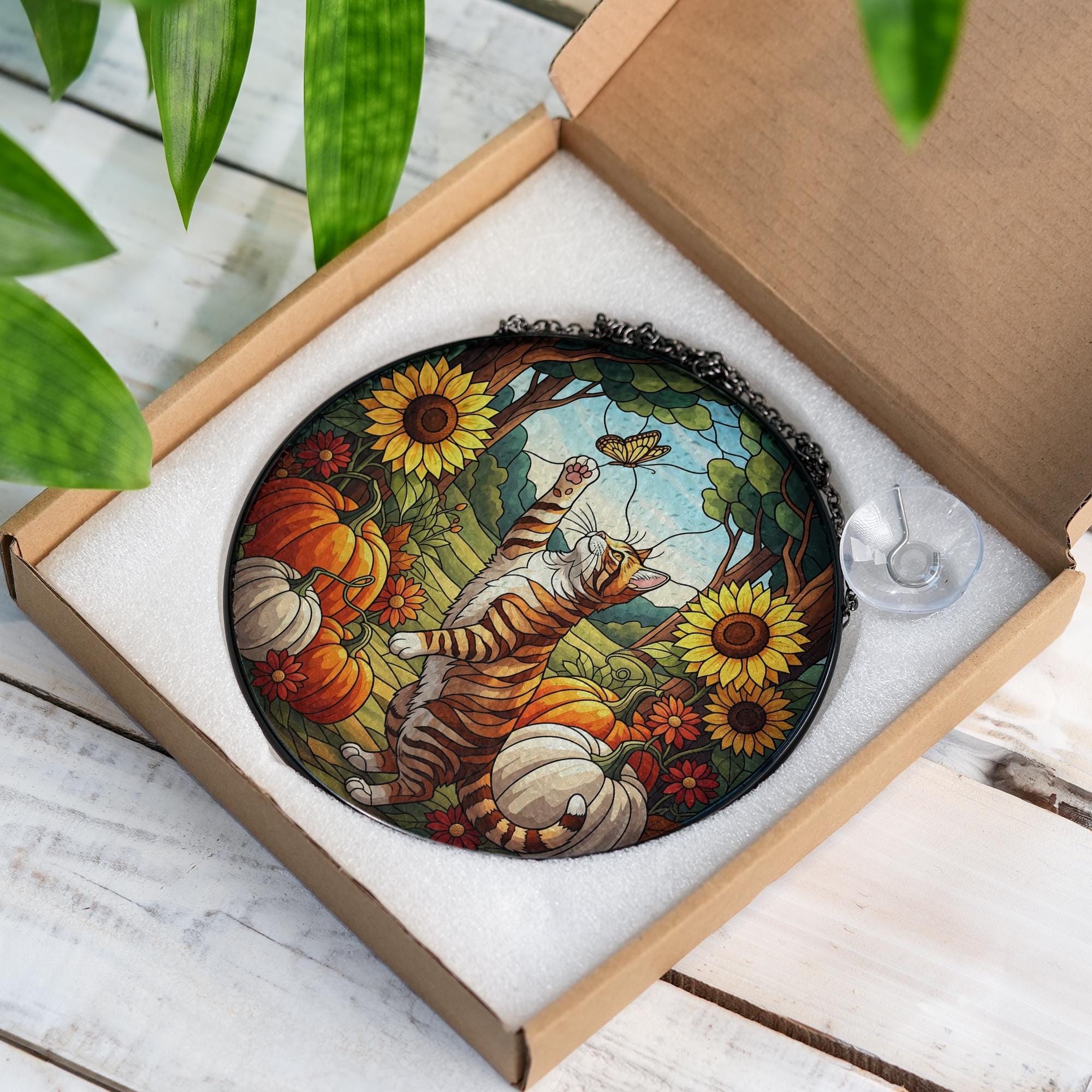 Tabby Cat Glass Suncatcher – Custom Fall Pumpkin Sunflower Glass Decor