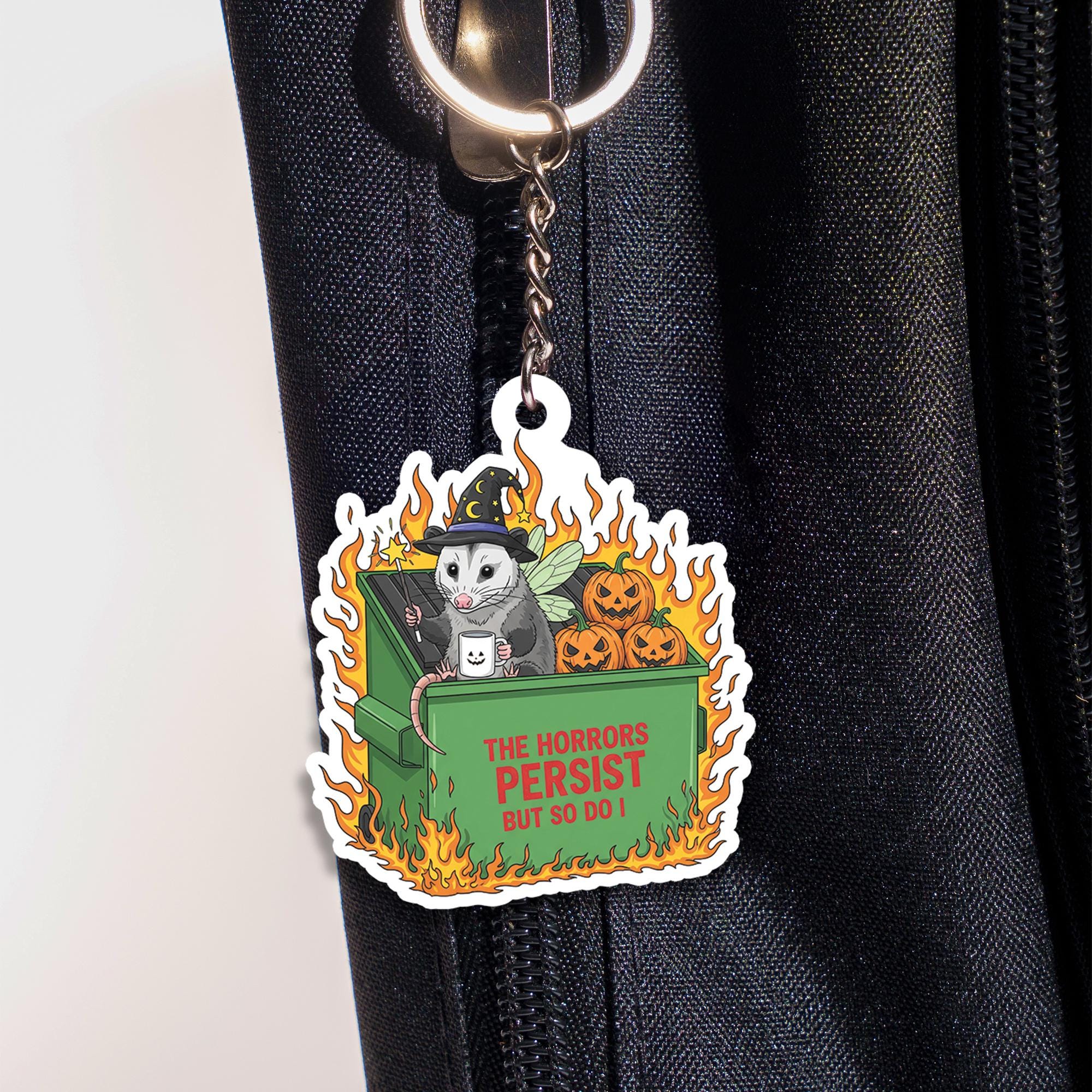 Funny Possum Keychain | Dumpster Fire Halloween Keyring | The Horrors Persist Meme Gift | Gothic Opossum Accessory | Spooky Humor