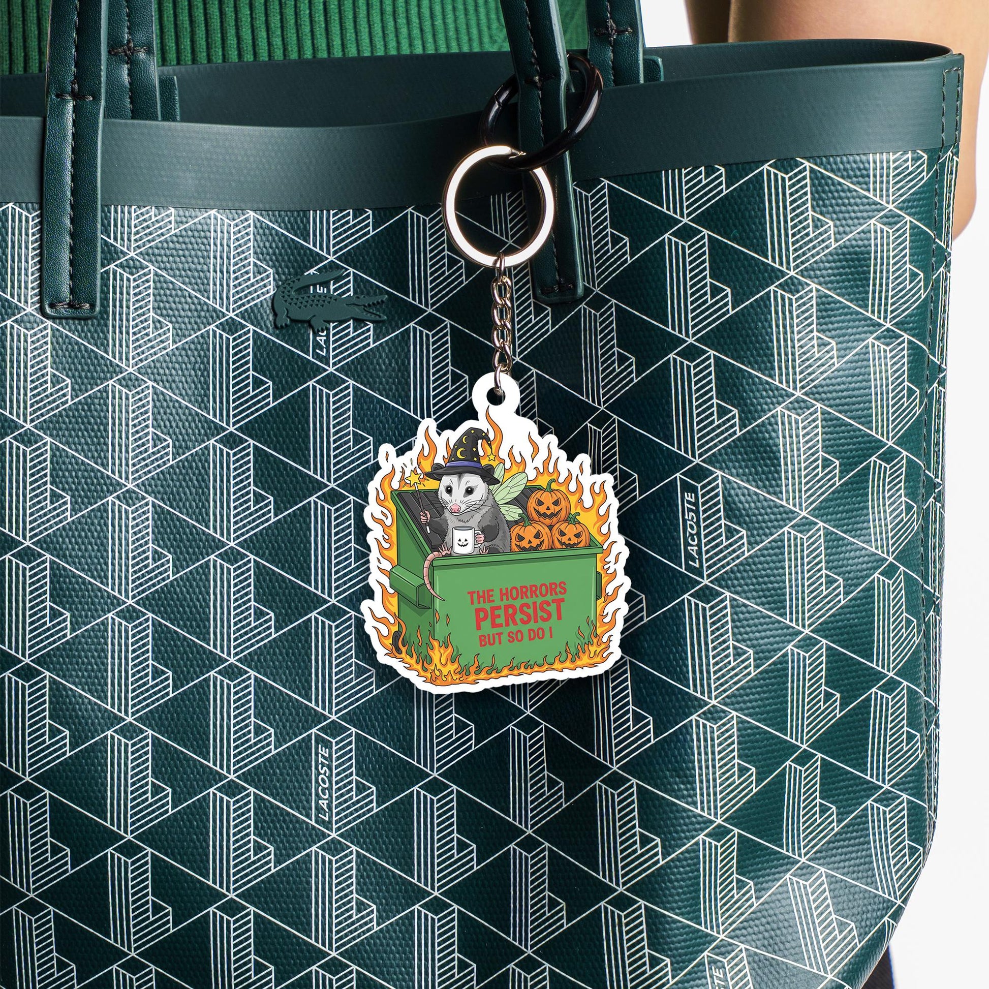 Funny Possum Keychain | Dumpster Fire Halloween Keyring | The Horrors Persist Meme Gift | Gothic Opossum Accessory | Spooky Humor