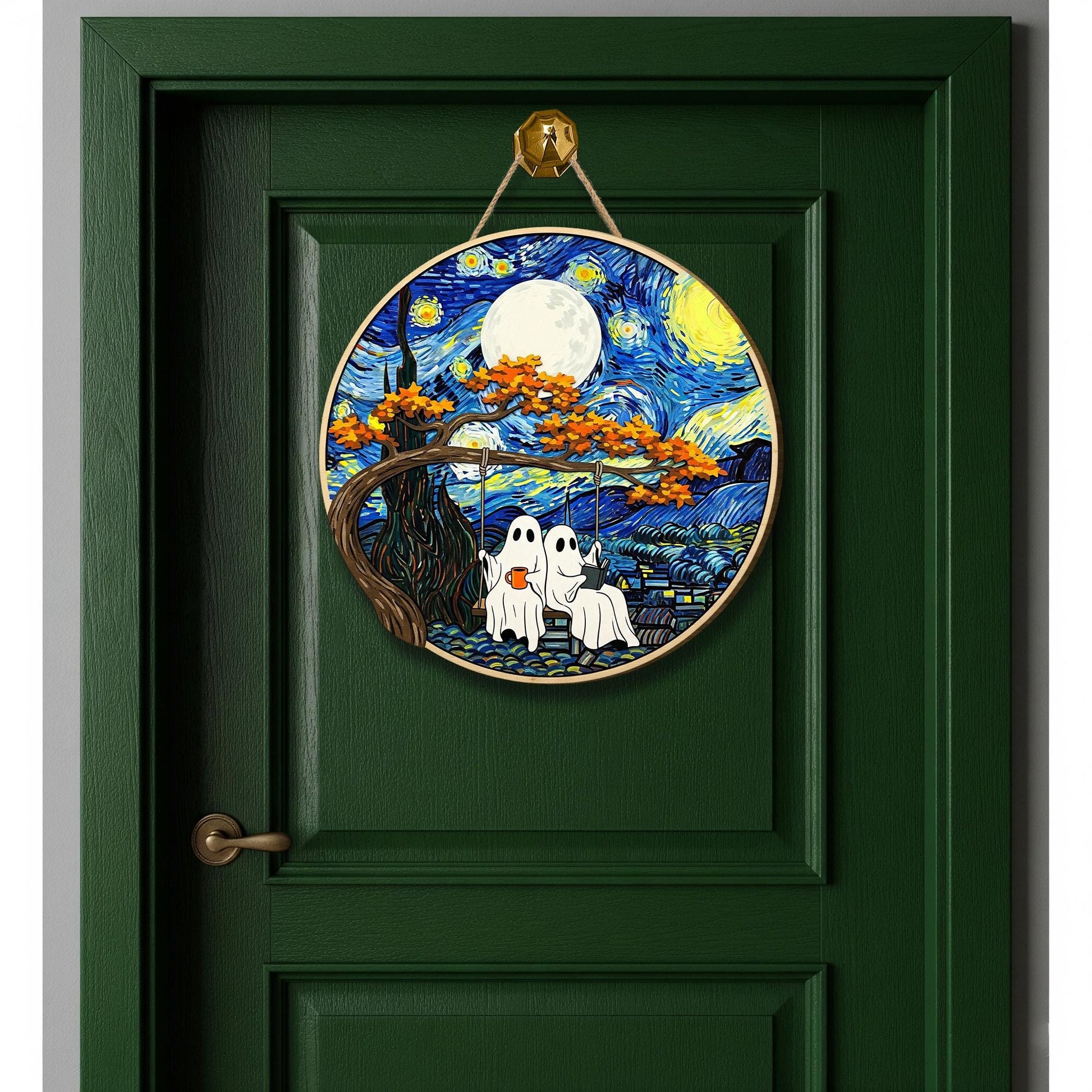 Ghost Couple Wooden Sign | Spooky Starry Night Wall Art | Halloween Home Decor | Ghosts on Swing Fall Decoration | Gothic Gift