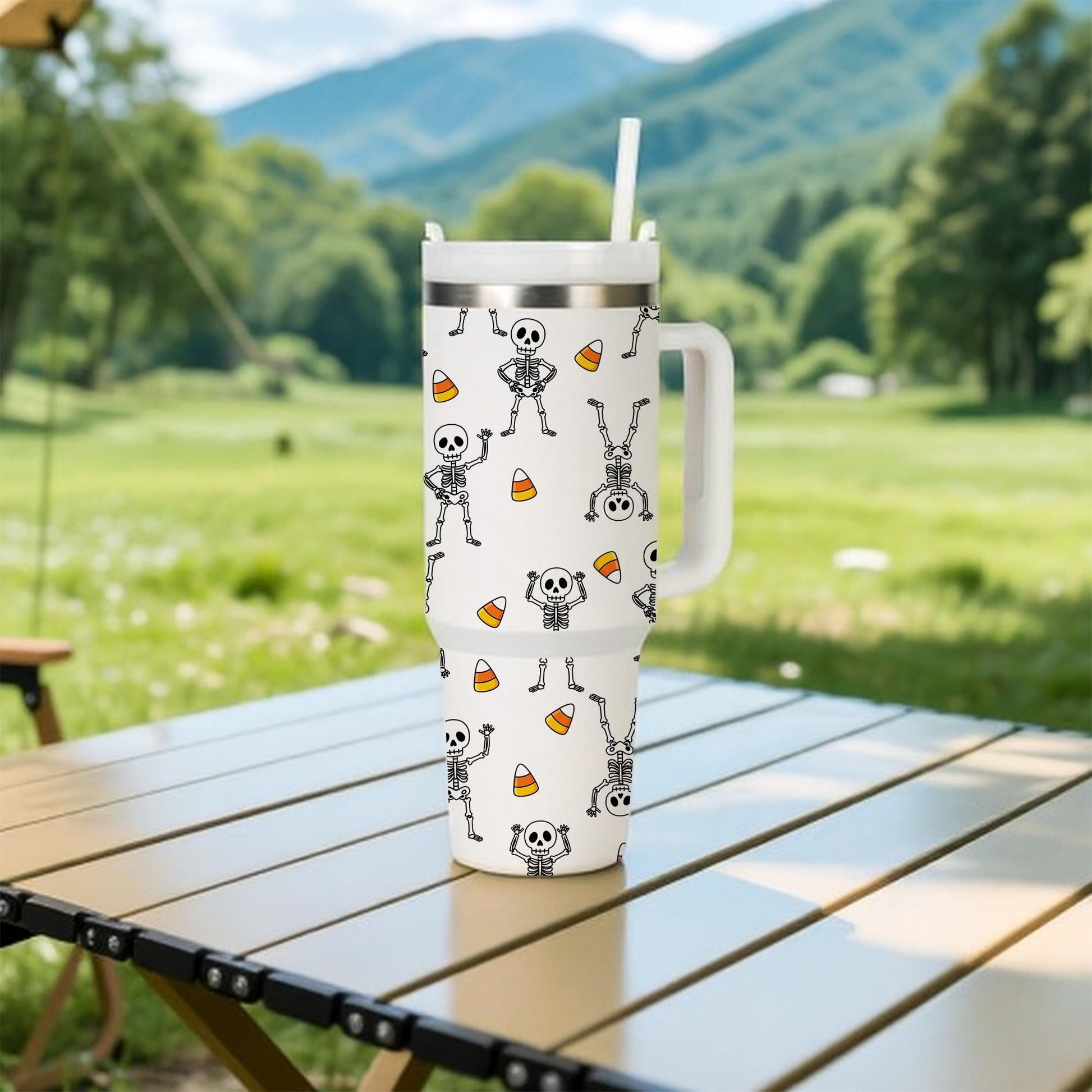 Halloween Skeleton Stainless Steel Tumbler: Spooky Travel Mug with Straw