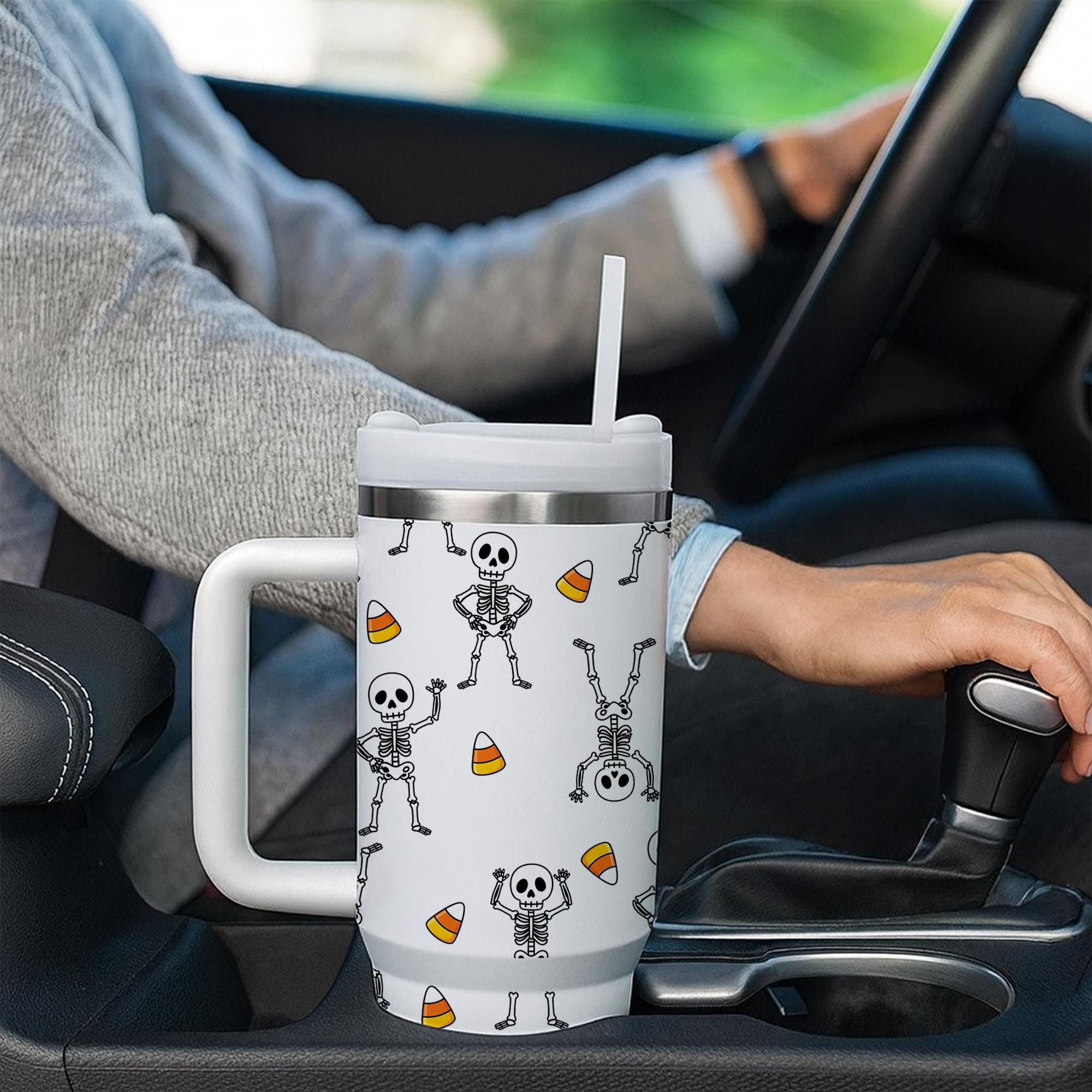 Halloween Skeleton Stainless Steel Tumbler: Spooky Travel Mug with Straw