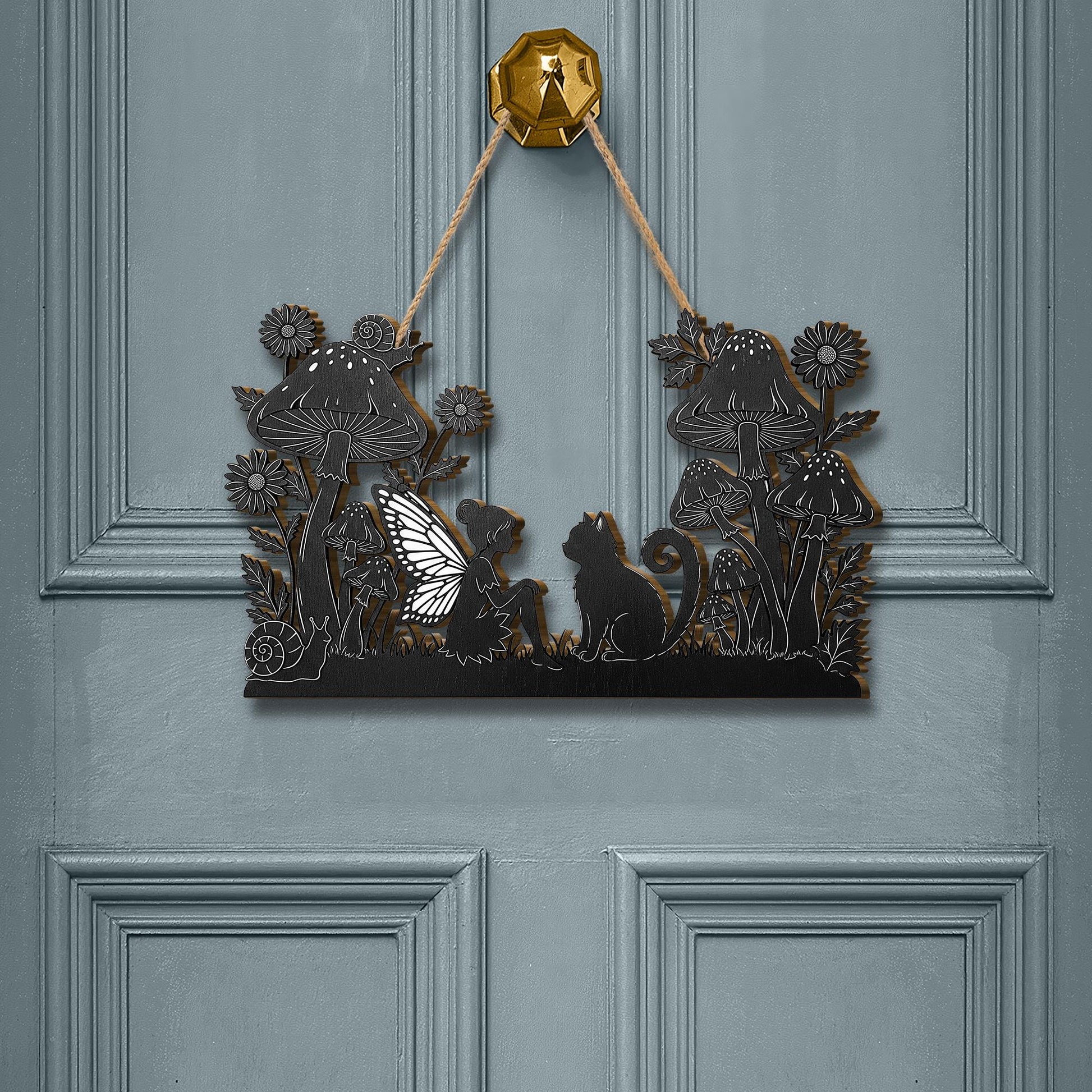 Fairy and Cat Wooden Sign | Mystical Mushroom Wall Art | Fantasy Home Decor | Enchanted Woodland Hanging Plaque | Gothic Gift