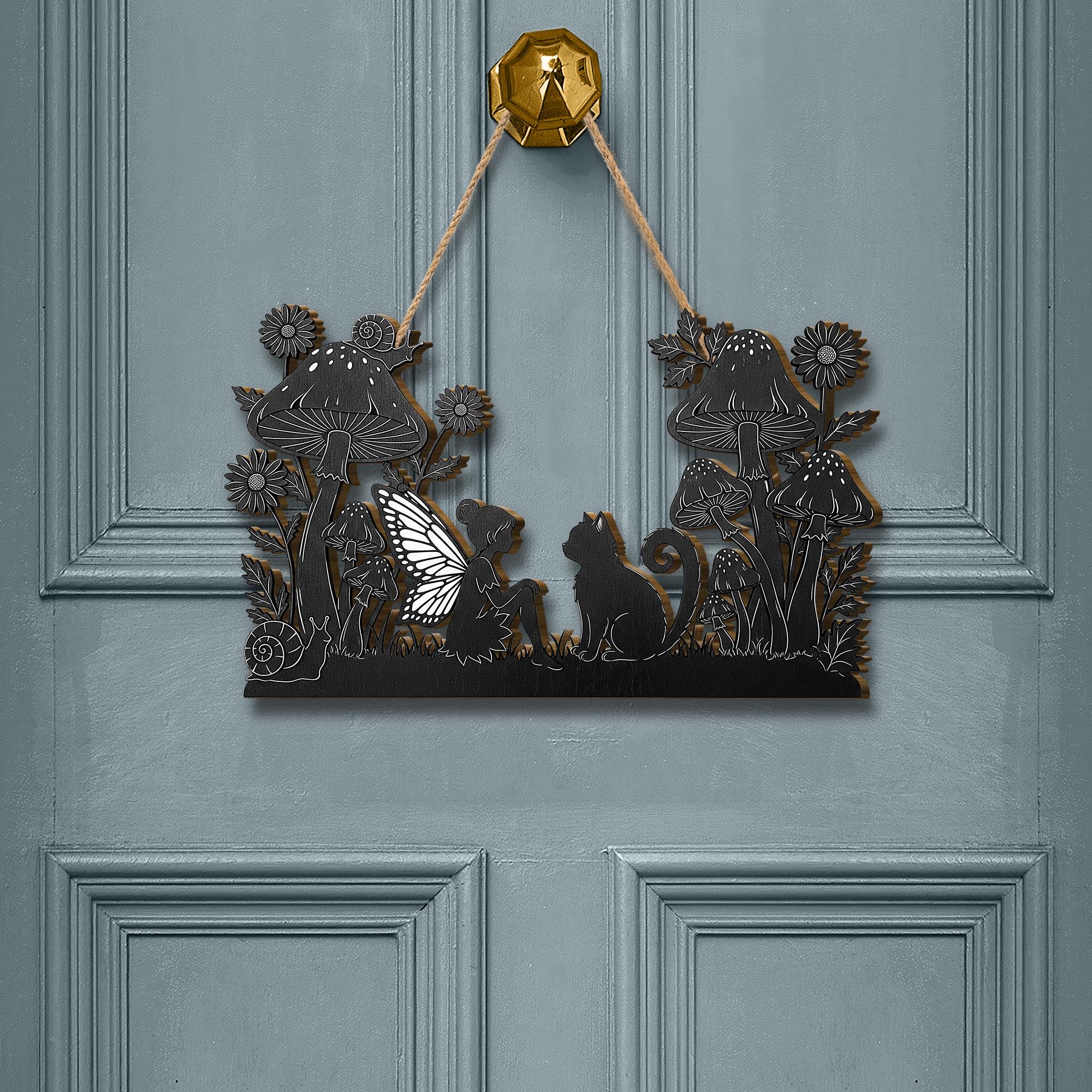 Fairy and Cat Wooden Sign | Mystical Mushroom Wall Art | Fantasy Home Decor | Enchanted Woodland Hanging Plaque | Gothic Gift