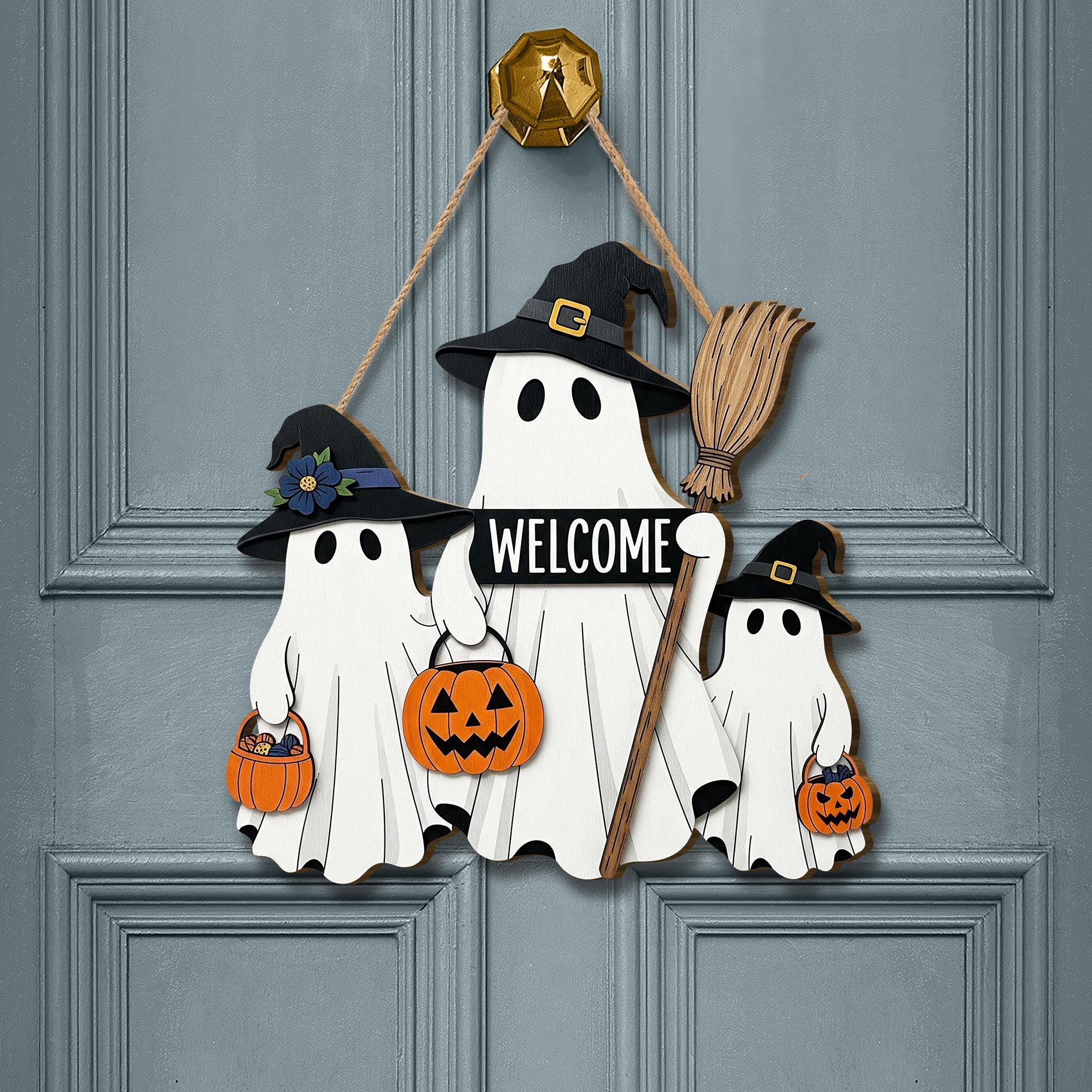 Halloween Ghost Welcome Sign | Wooden Door Hanger | Witch Hat Ghost Family Decor | Trick or Treat Porch Decoration | Spooky Gift