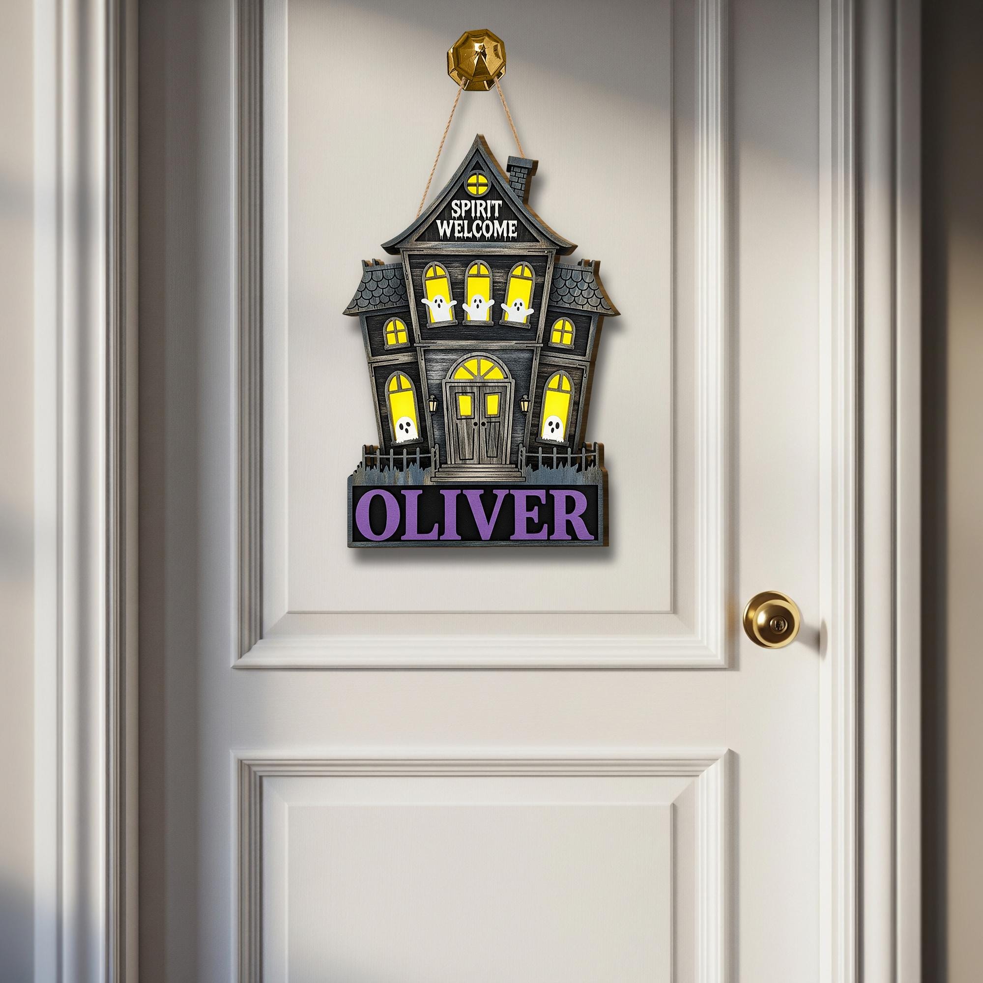Custom Haunted House Wooden Sign | Personalized Halloween Door Hanger | Ghost Spirit Welcome Plaque | Spooky Porch Decoration
