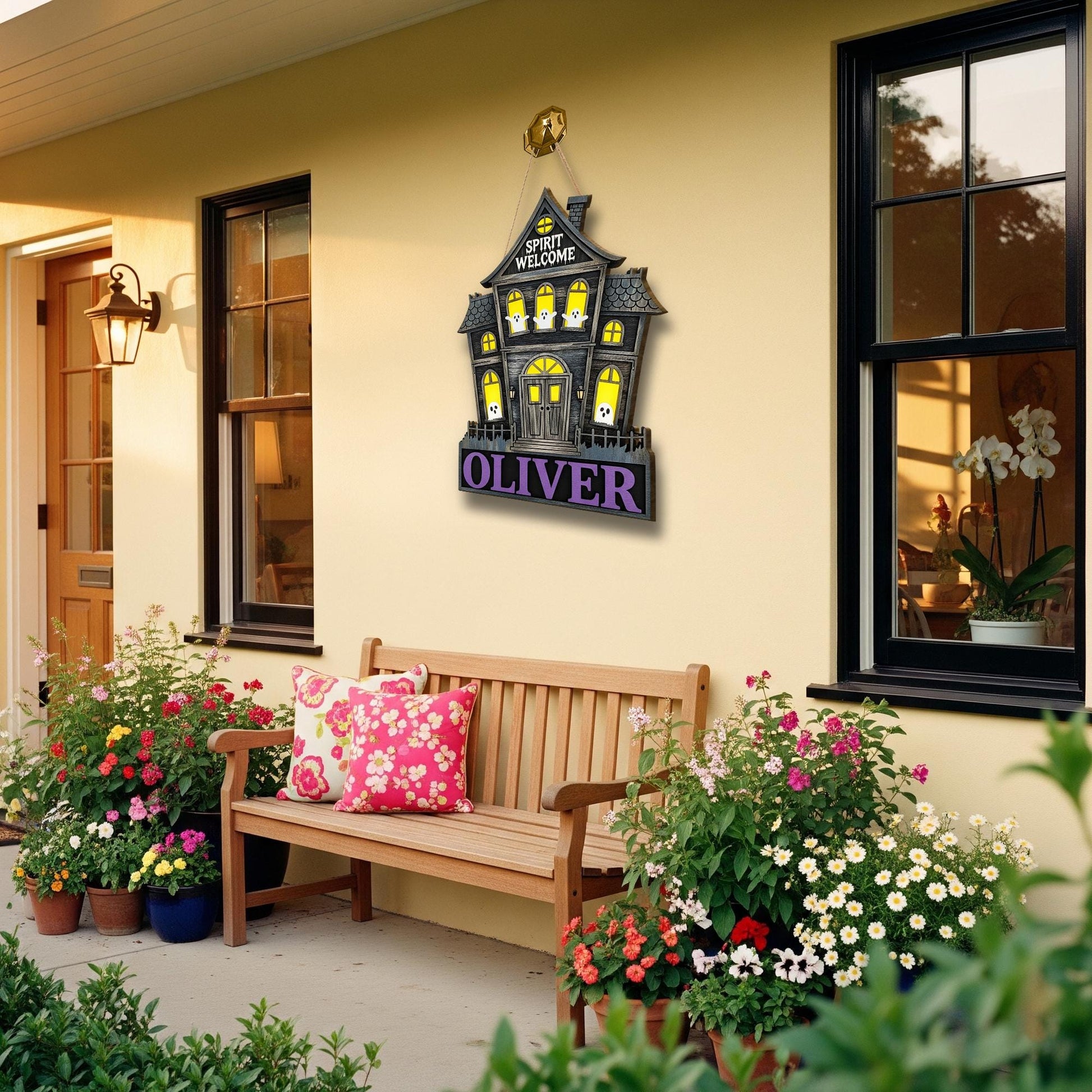 Custom Haunted House Wooden Sign | Personalized Halloween Door Hanger | Ghost Spirit Welcome Plaque | Spooky Porch Decoration