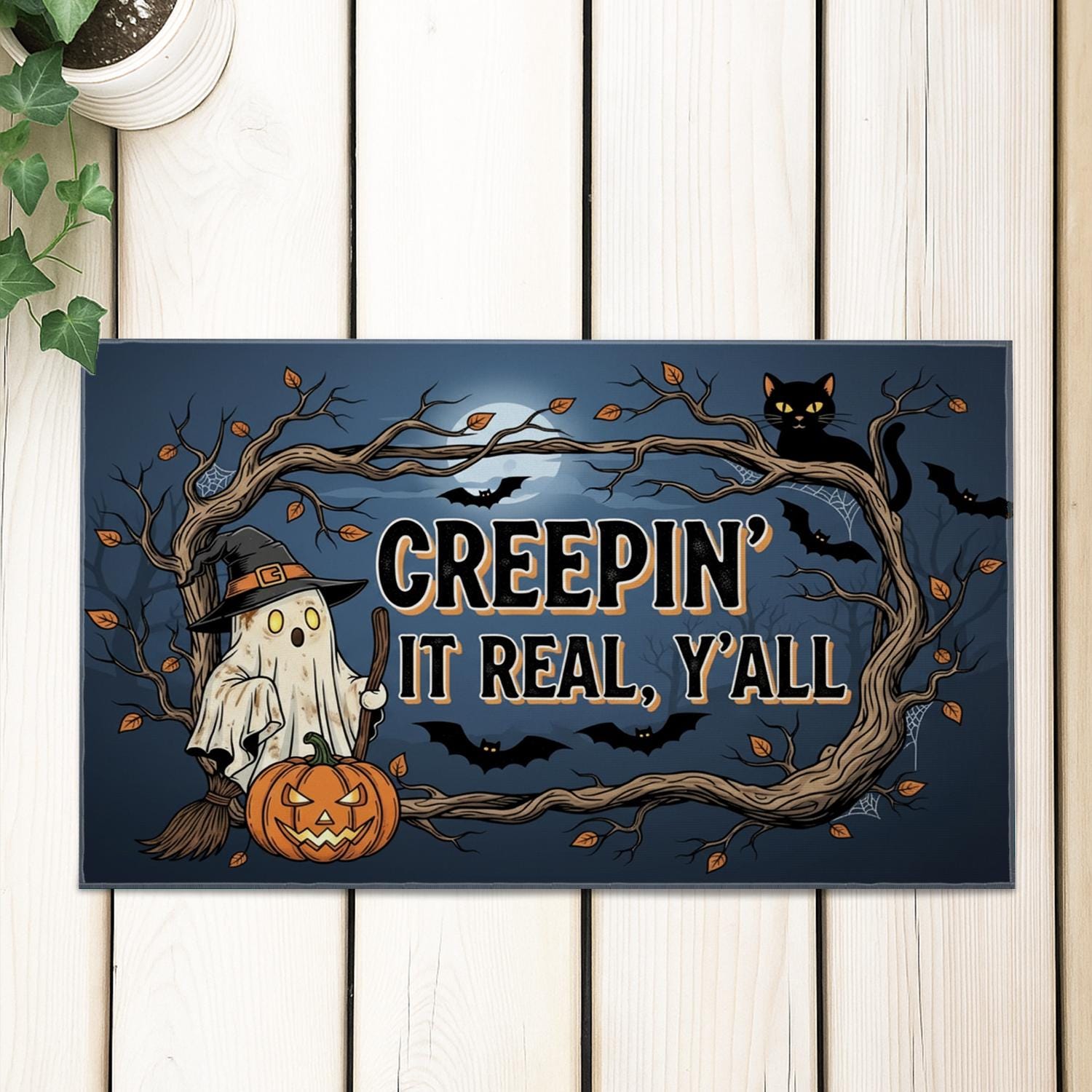 Creepin' It Real Halloween Doormat: Ghost, Pumpkin, Black Cat Porch Decor