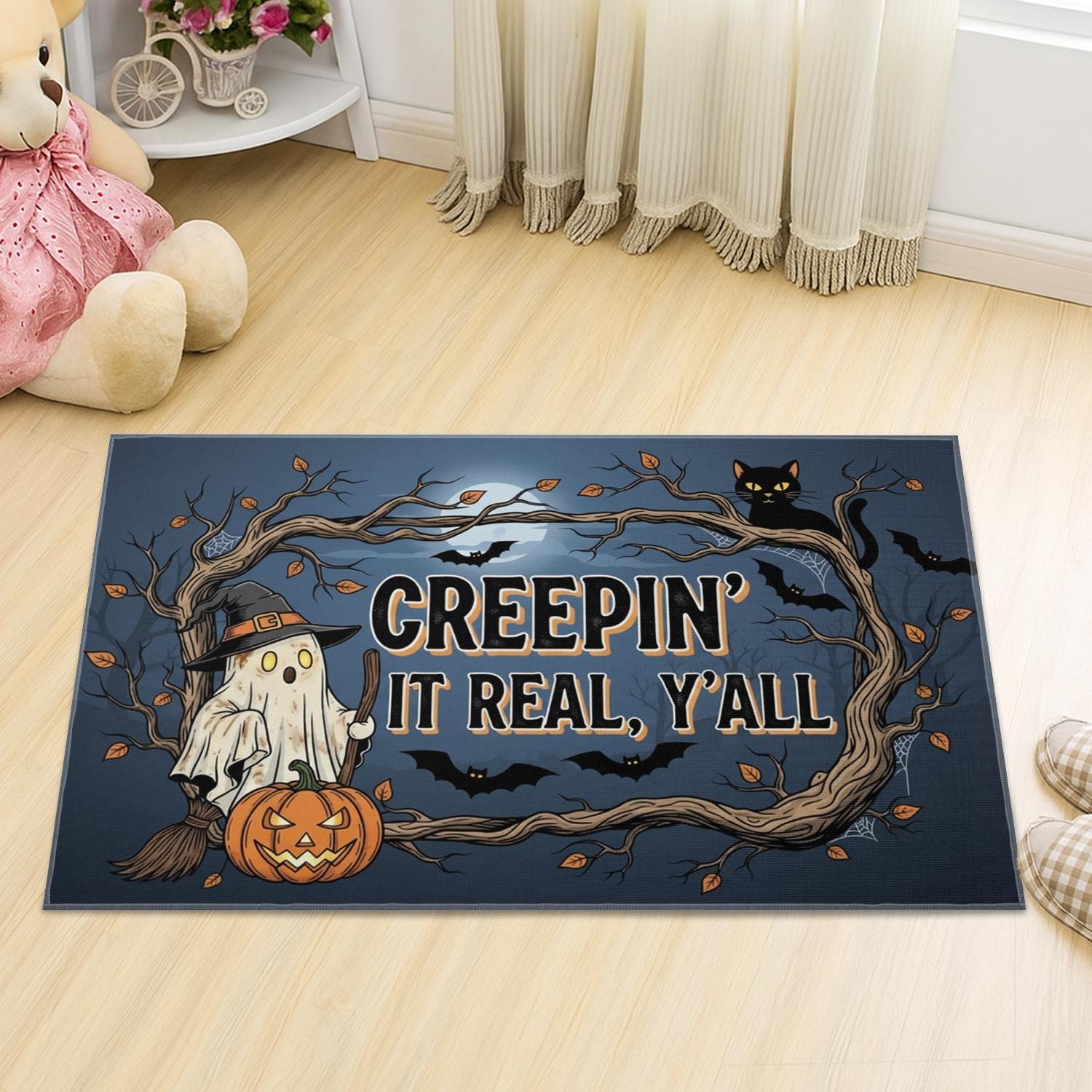 Creepin' It Real Halloween Doormat: Ghost, Pumpkin, Black Cat Porch Decor