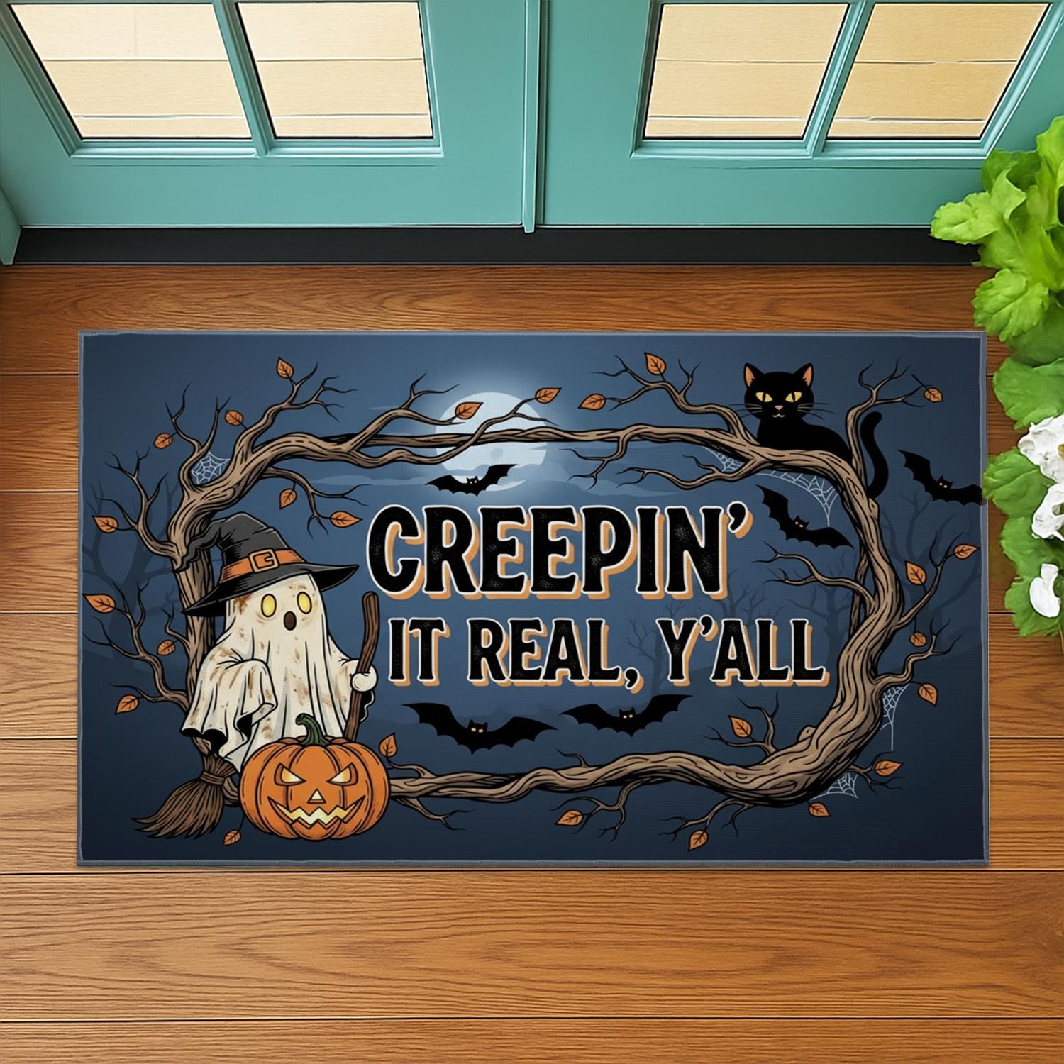 Creepin' It Real Halloween Doormat: Ghost, Pumpkin, Black Cat Porch Decor