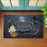 Creepin' It Real Halloween Doormat: Ghost, Pumpkin, Black Cat Porch Decor