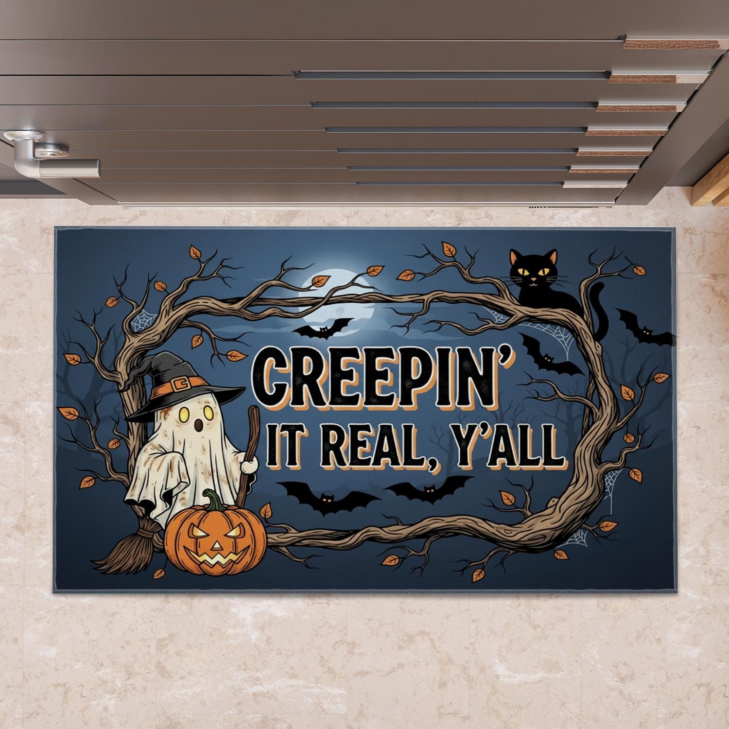 Creepin' It Real Halloween Doormat: Ghost, Pumpkin, Black Cat Porch Decor