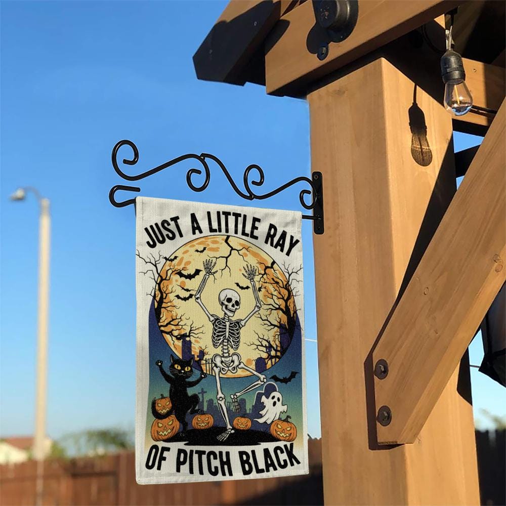 Halloween Garden Flag: Spooky Skeleton, Ghost & Cat - Double-Sided Polyester