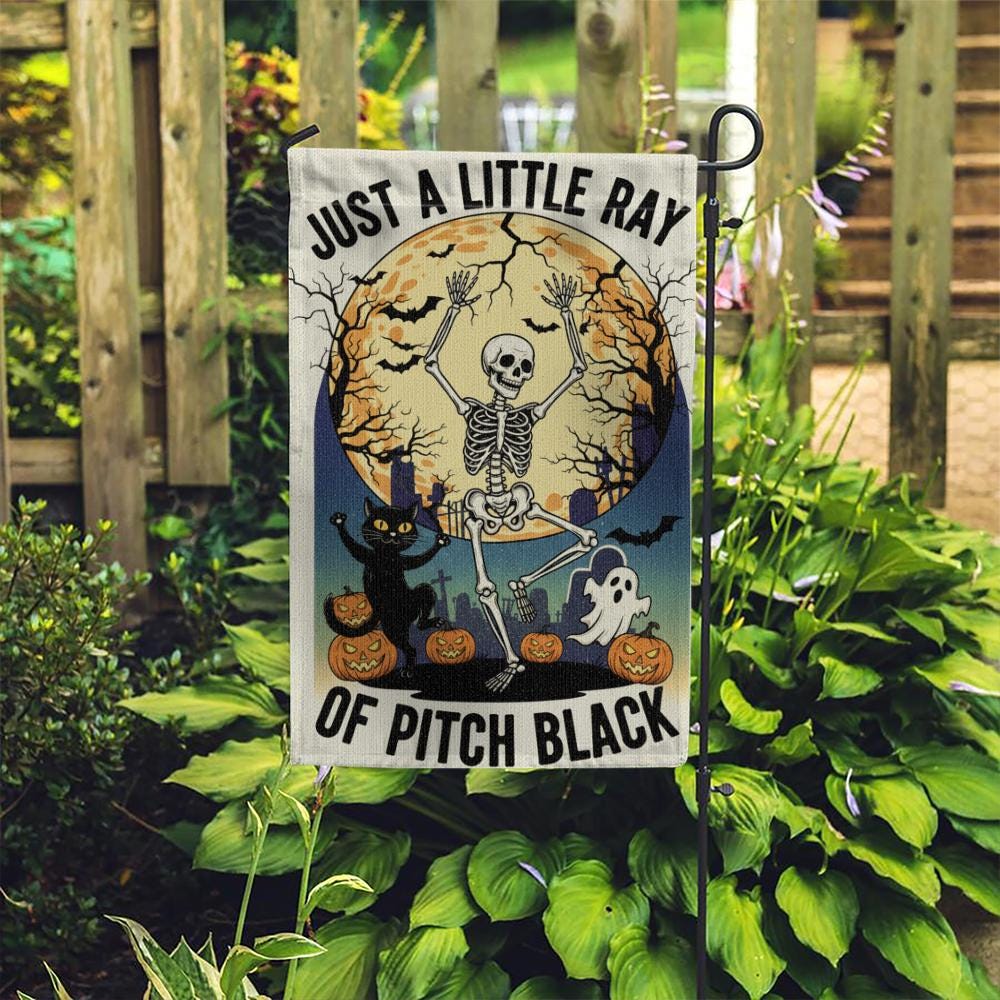 Halloween Garden Flag: Spooky Skeleton, Ghost & Cat - Double-Sided Polyester