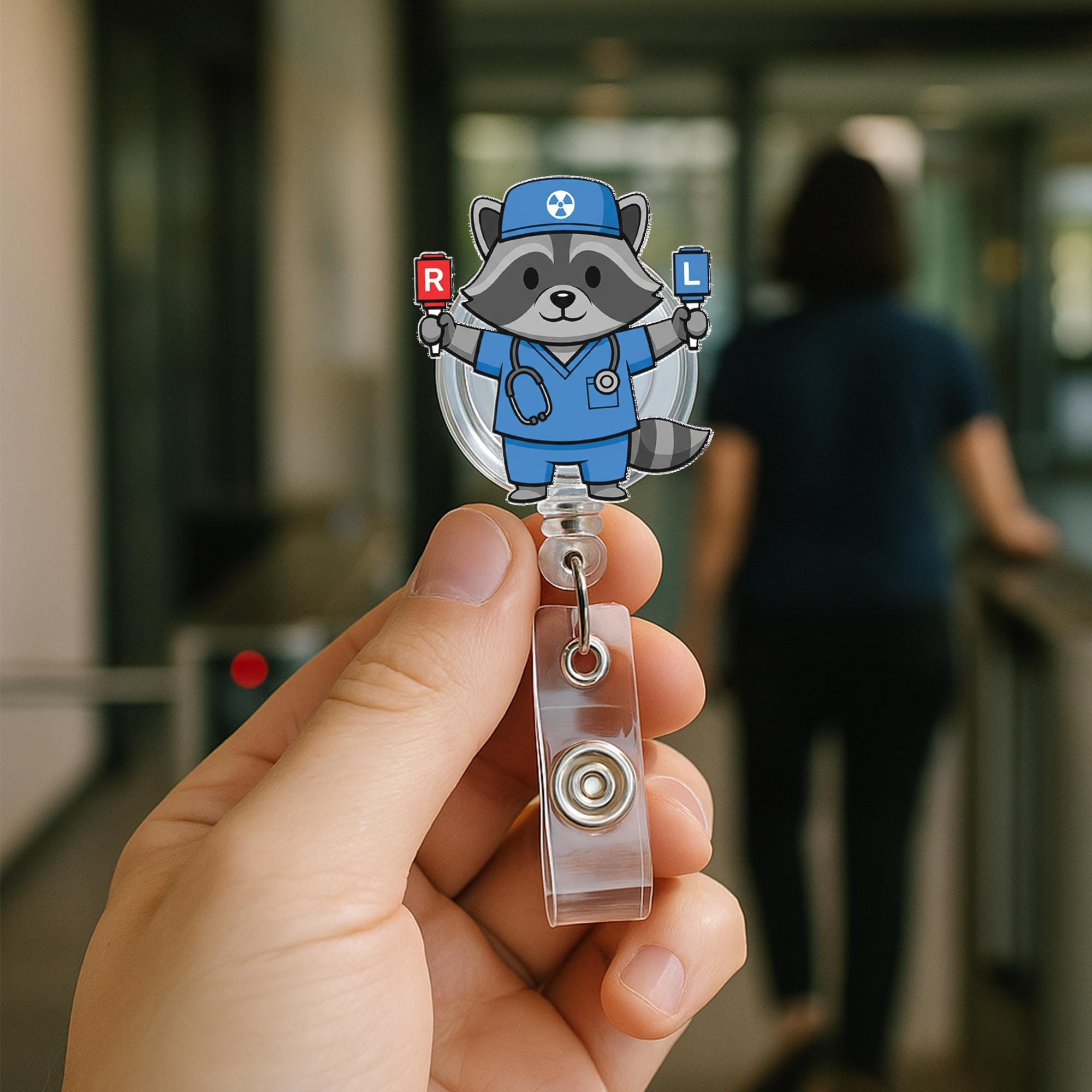 Medical Raccoon Badge Reel: X-Ray Tech Nursing ID Holder Gift