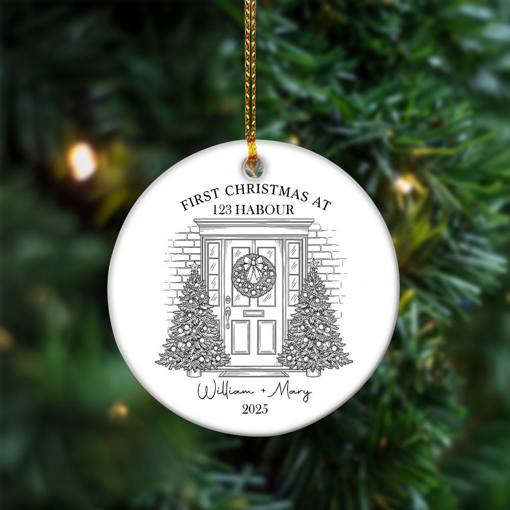 Personalized First Christmas Ornament – Custom Doorway Scene, Family Names + Year