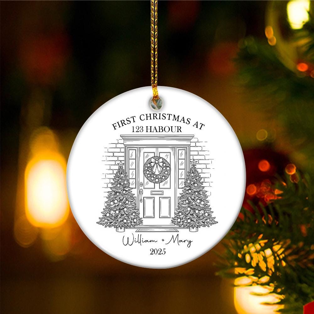 Personalized First Christmas Ornament – Custom Doorway Scene, Family Names + Year