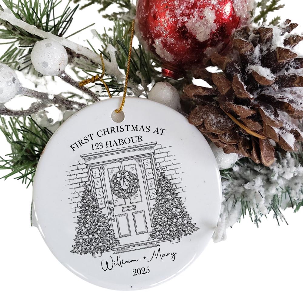 Personalized First Christmas Ornament – Custom Doorway Scene, Family Names + Year