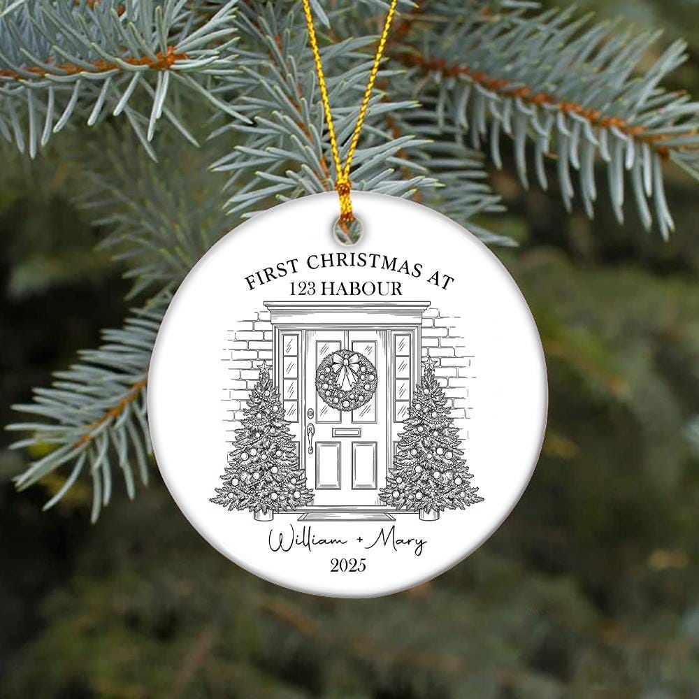 Personalized First Christmas Ornament – Custom Doorway Scene, Family Names + Year