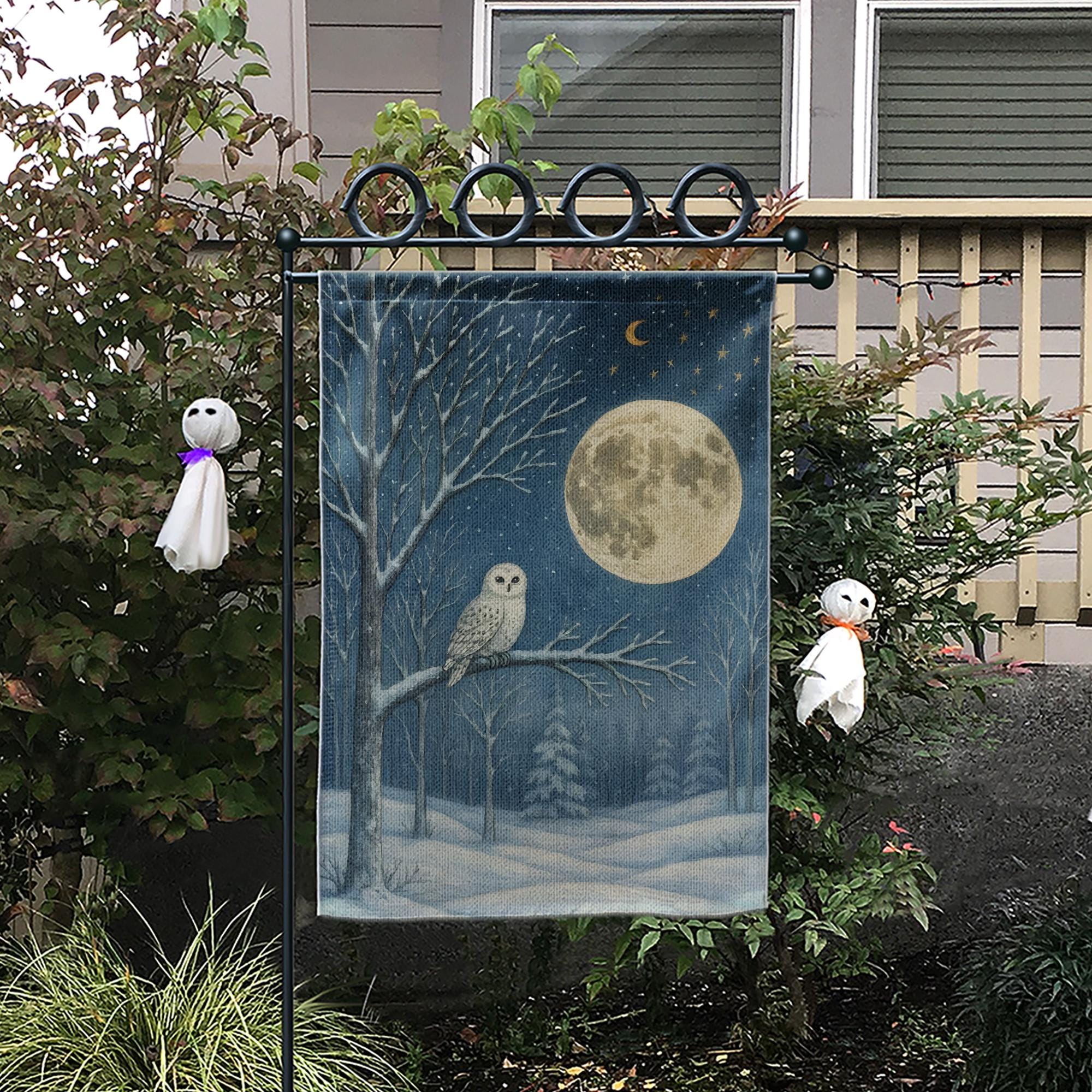 Snowy Owl Winter Garden Flag: Woodland Moon Yard Decor