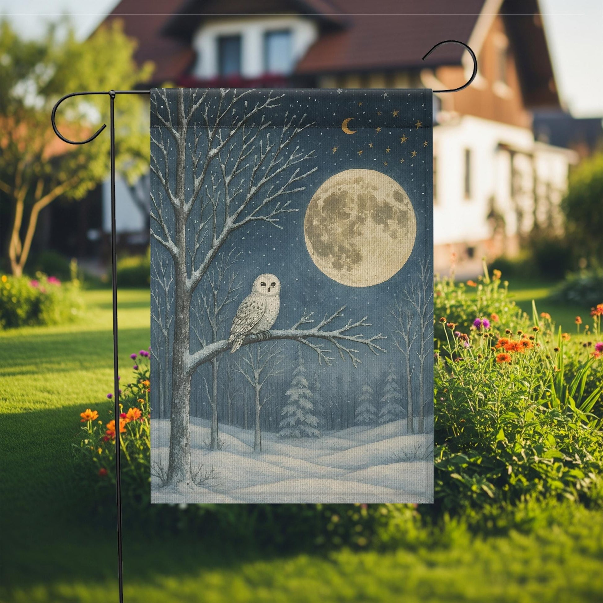 Snowy Owl Winter Garden Flag: Woodland Moon Yard Decor