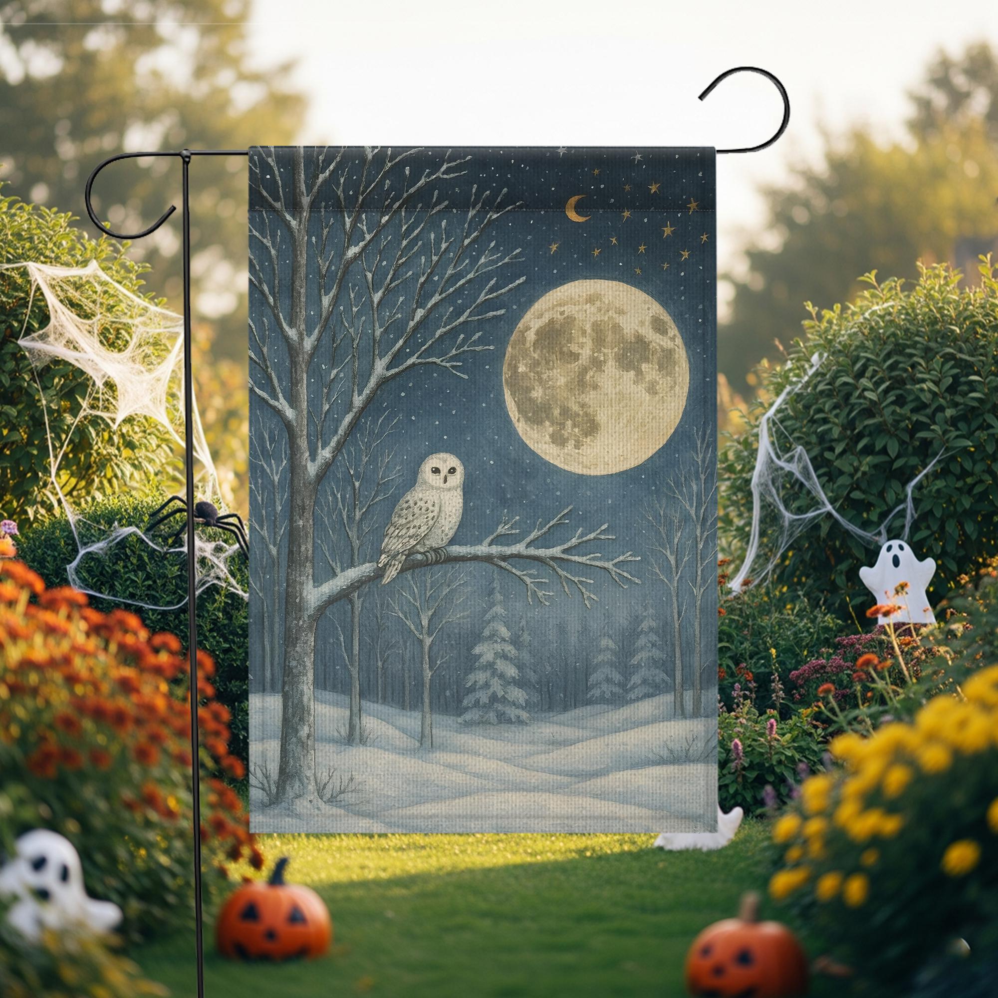 Snowy Owl Winter Garden Flag: Woodland Moon Yard Decor