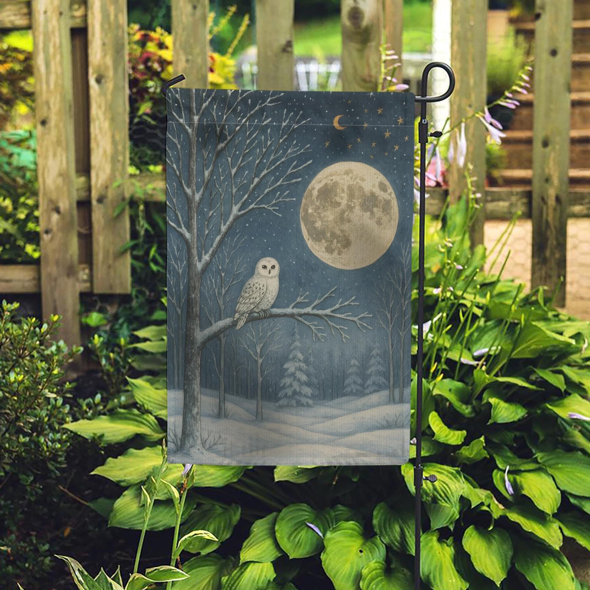 Snowy Owl Winter Garden Flag: Woodland Moon Yard Decor
