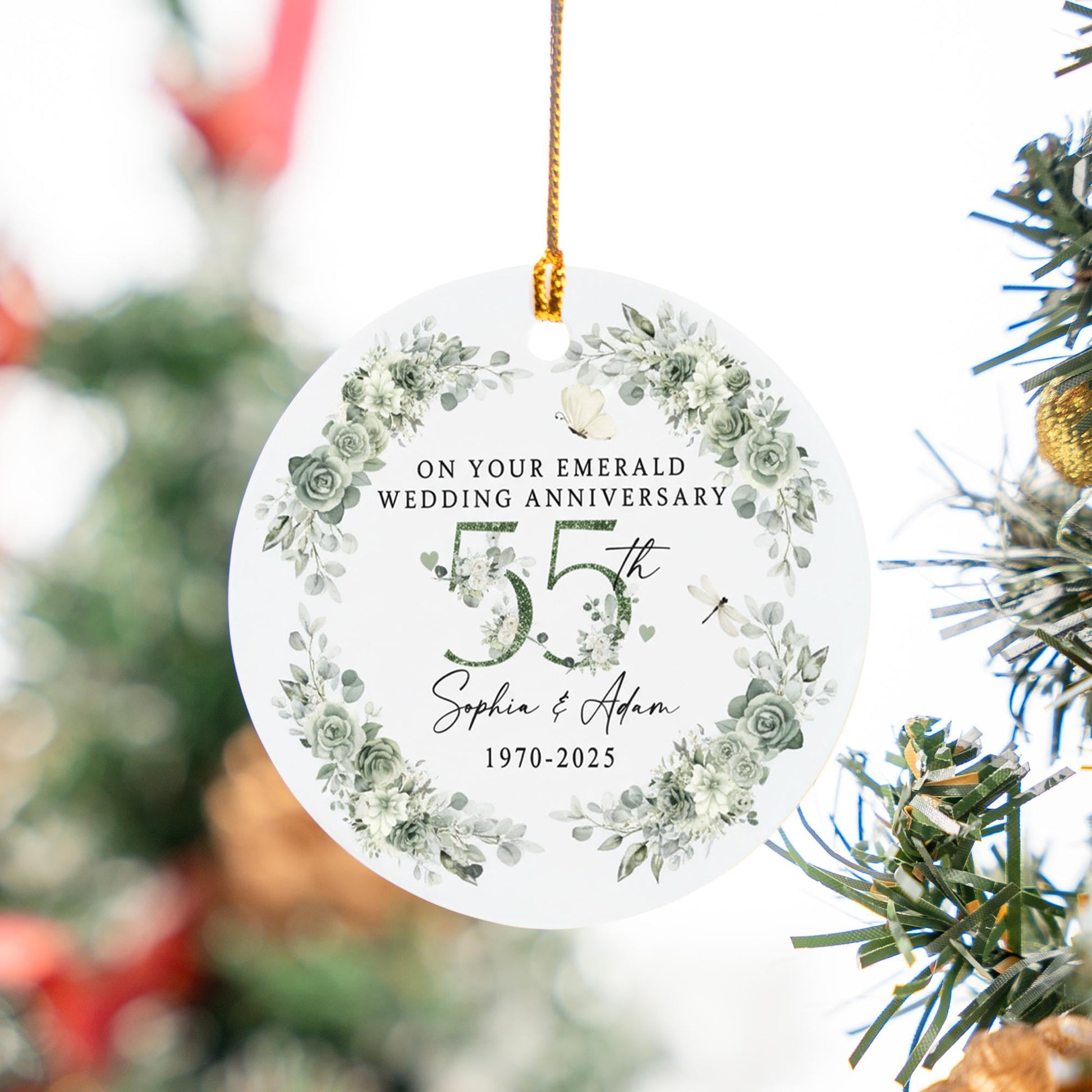 55th Emerald Wedding Anniversary Ceramic Ornament – Personalized Names & Year Keepsake