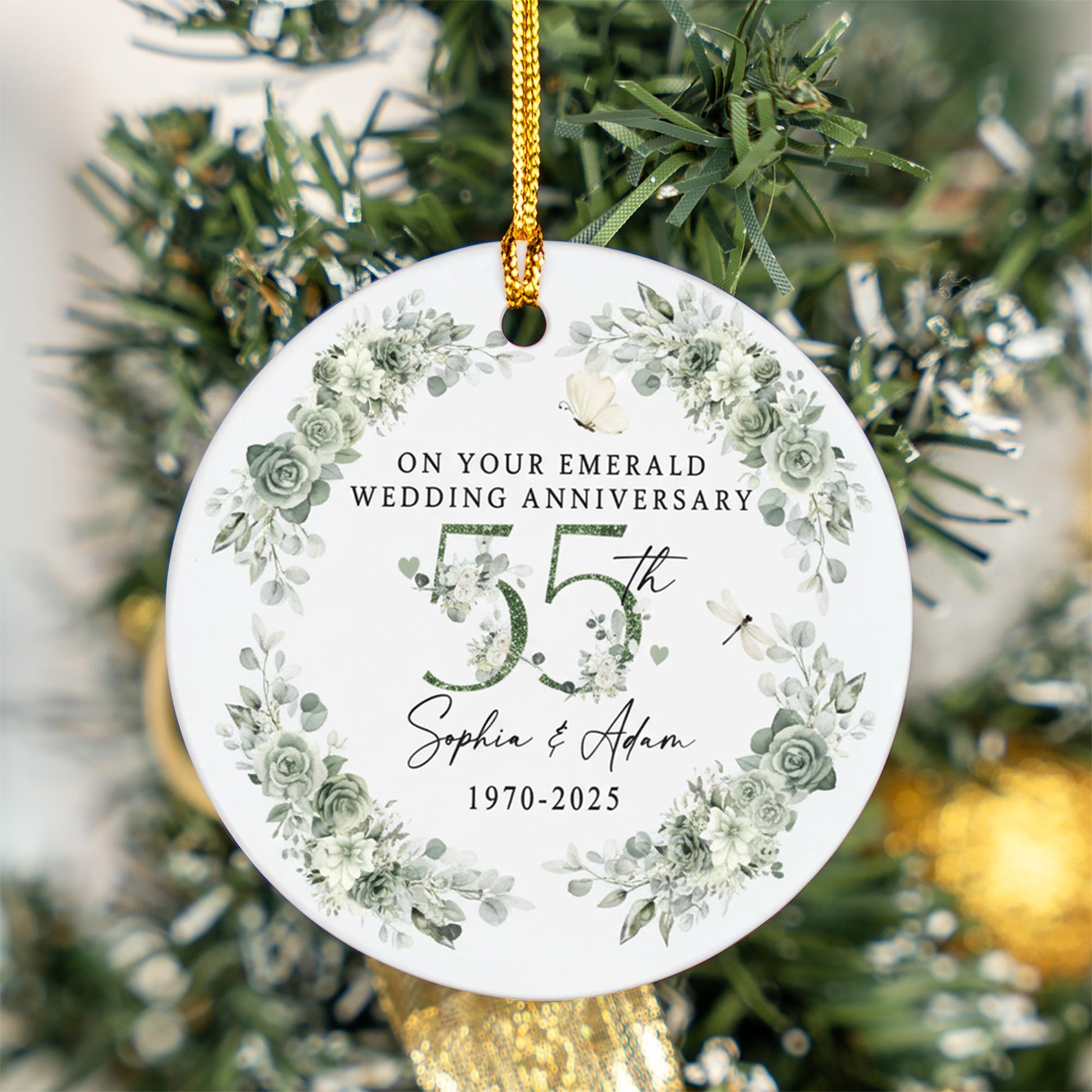 55th Emerald Wedding Anniversary Ceramic Ornament – Personalized Names & Year Keepsake