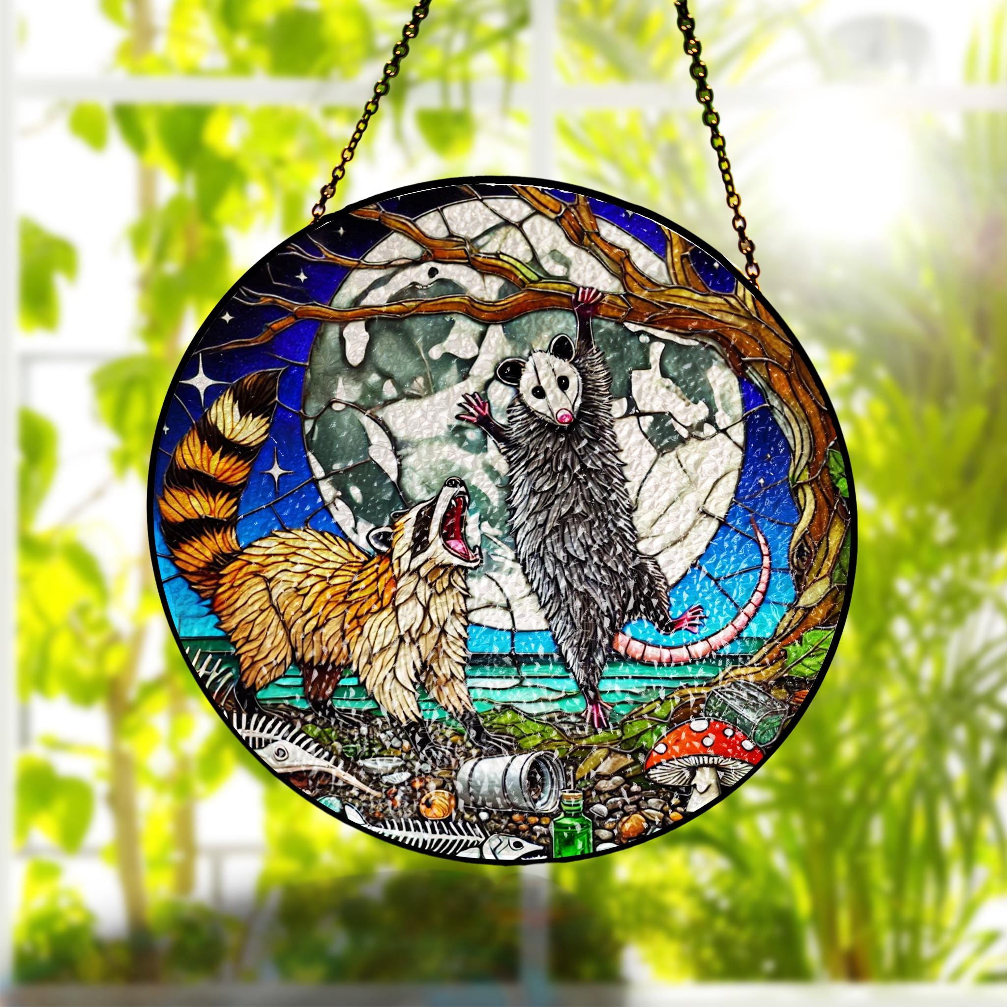 Glass Suncatcher – Quirky Raccoon and Possum Glass Window Art